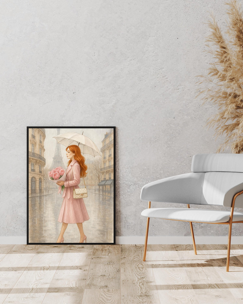 Rainy Day in Paris Wall Art | Redhead Woman with Umbrella | Feminine Paris Fashion Print | Romantic Digital Download