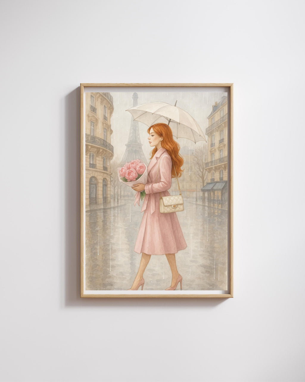 Rainy Day in Paris Wall Art | Redhead Woman with Umbrella | Feminine Paris Fashion Print | Romantic Digital Download