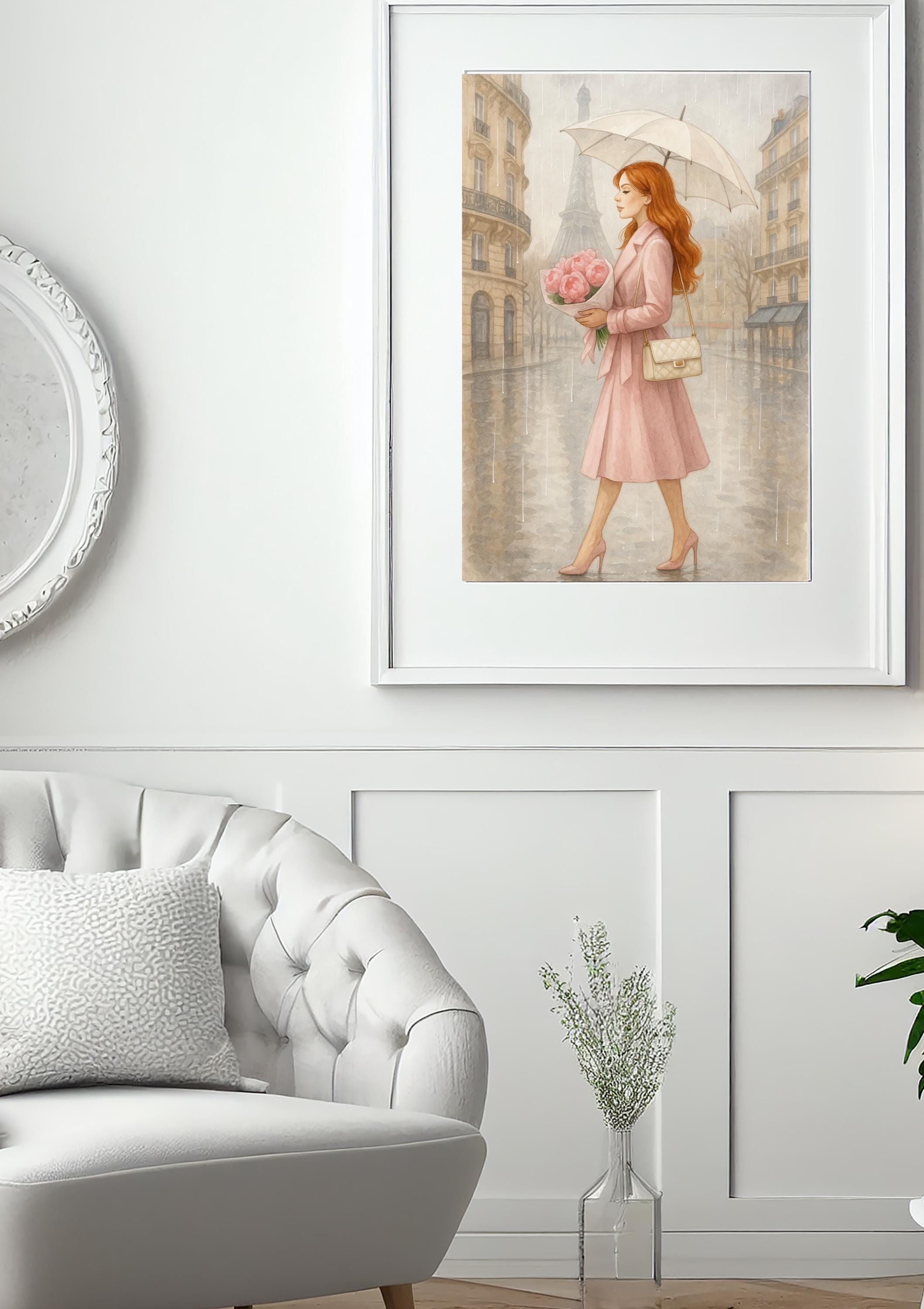 Rainy Day in Paris Wall Art | Redhead Woman with Umbrella | Feminine Paris Fashion Print | Romantic Digital Download