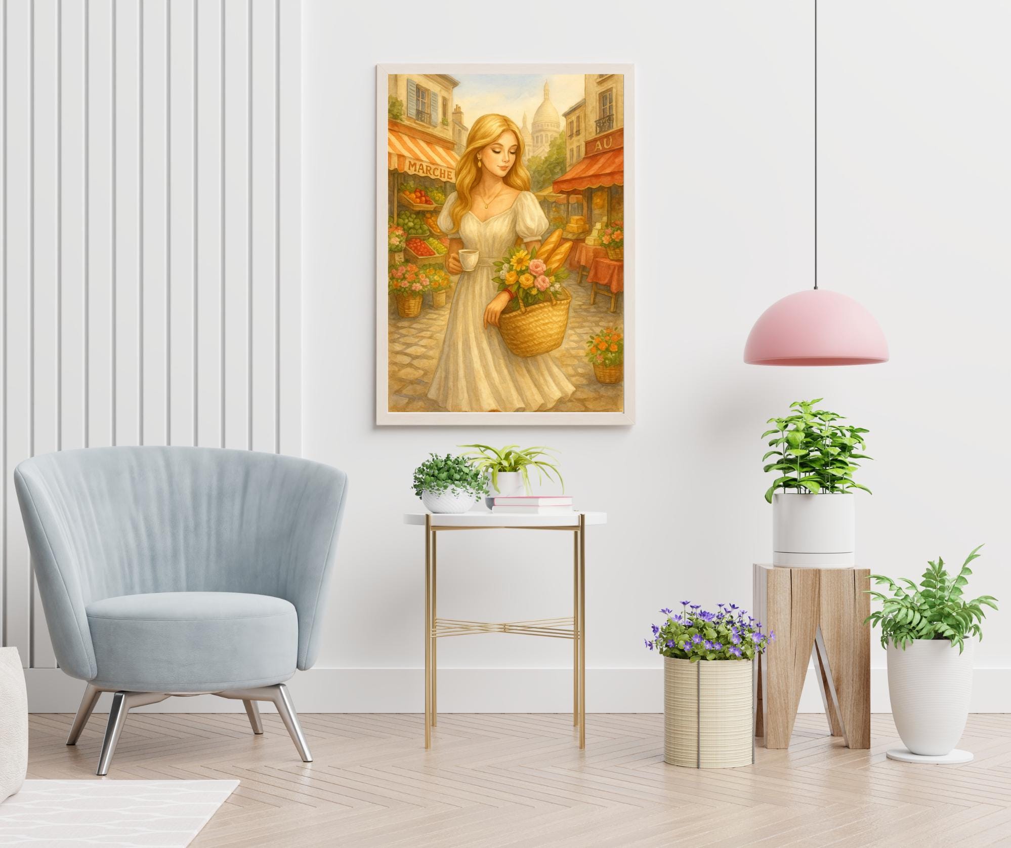 Parisian Market Morning | Blonde Woman with Coffee & Flowers | Romantic French Village Wall Art | Vintage Style Printable