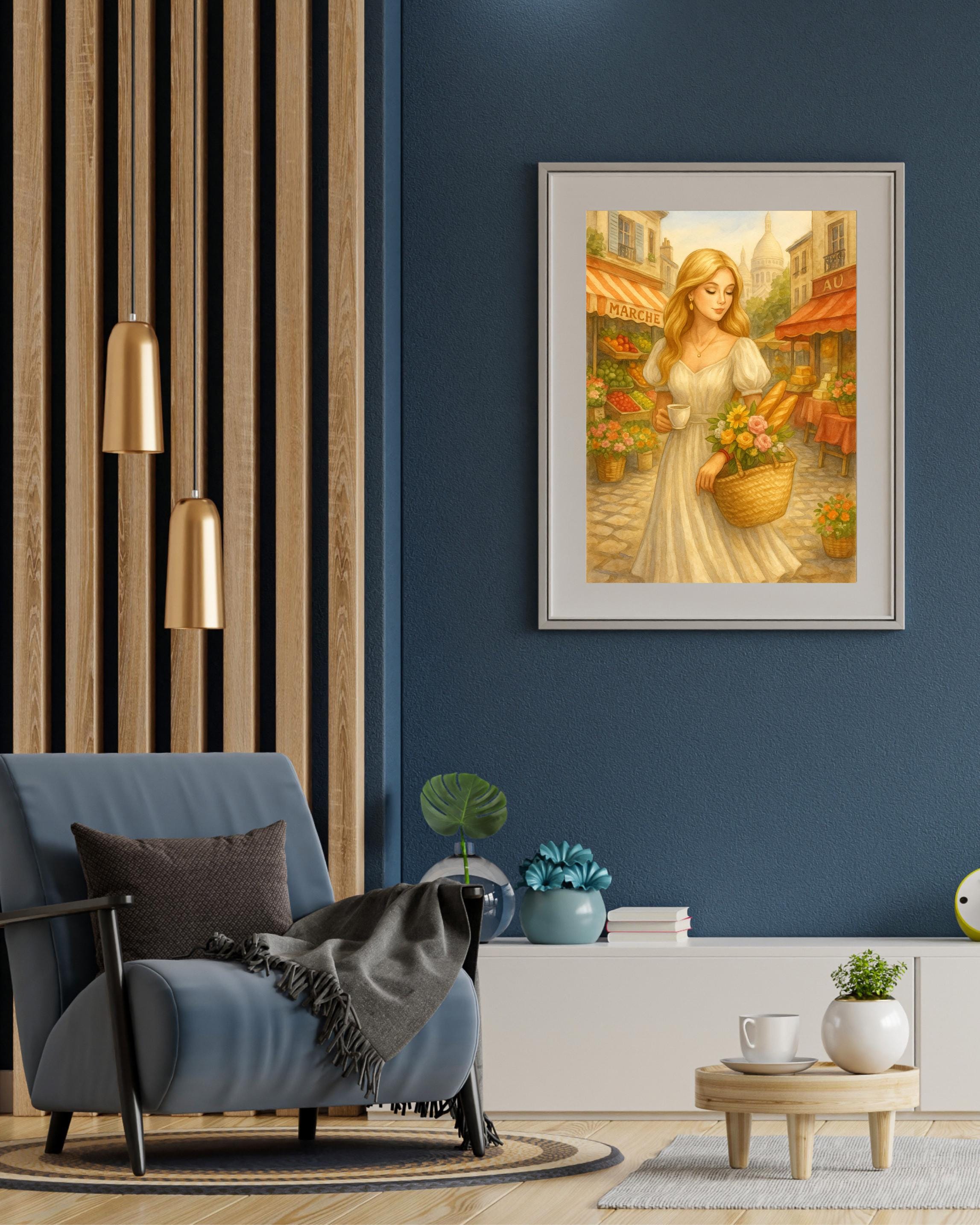 Parisian Market Morning | Blonde Woman with Coffee & Flowers | Romantic French Village Wall Art | Vintage Style Printable