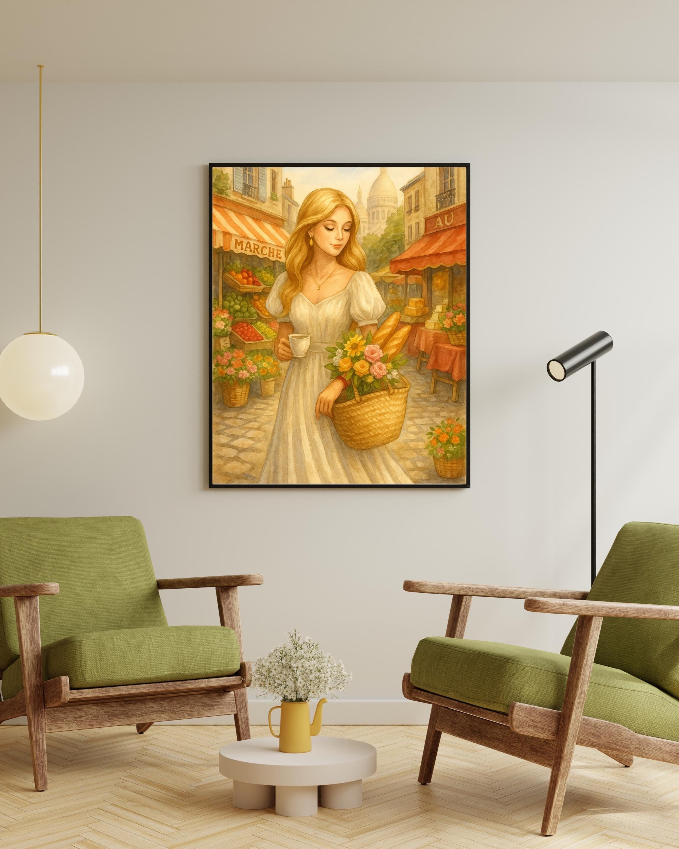 Parisian Market Morning | Blonde Woman with Coffee & Flowers | Romantic French Village Wall Art | Vintage Style Printable