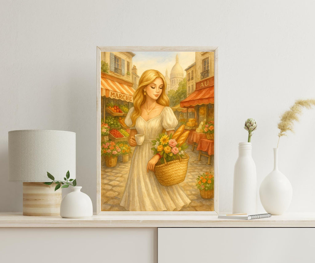 Parisian Market Morning | Blonde Woman with Coffee & Flowers | Romantic French Village Wall Art | Vintage Style Printable