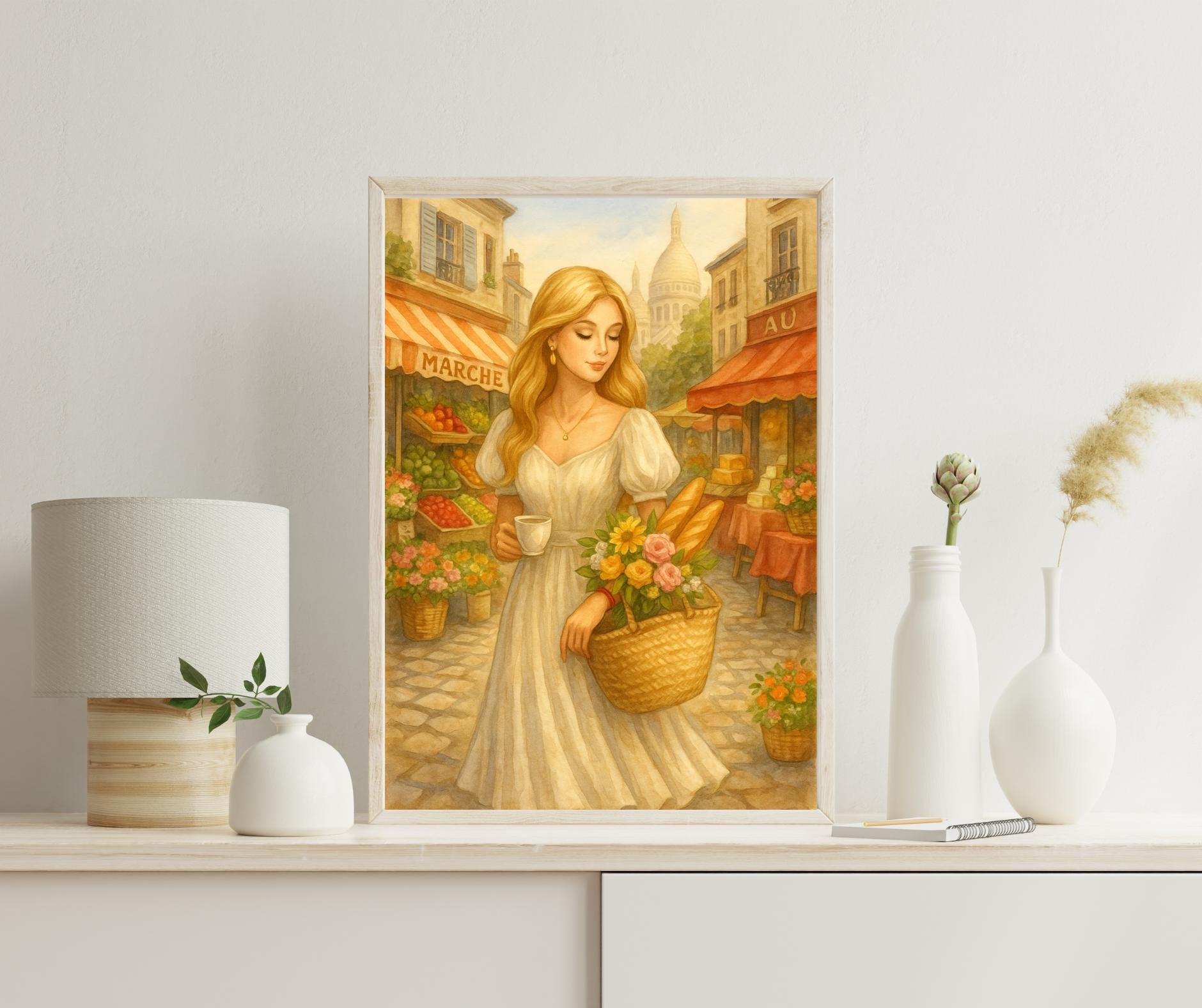 Parisian Market Morning | Blonde Woman with Coffee & Flowers | Romantic French Village Wall Art | Vintage Style Printable