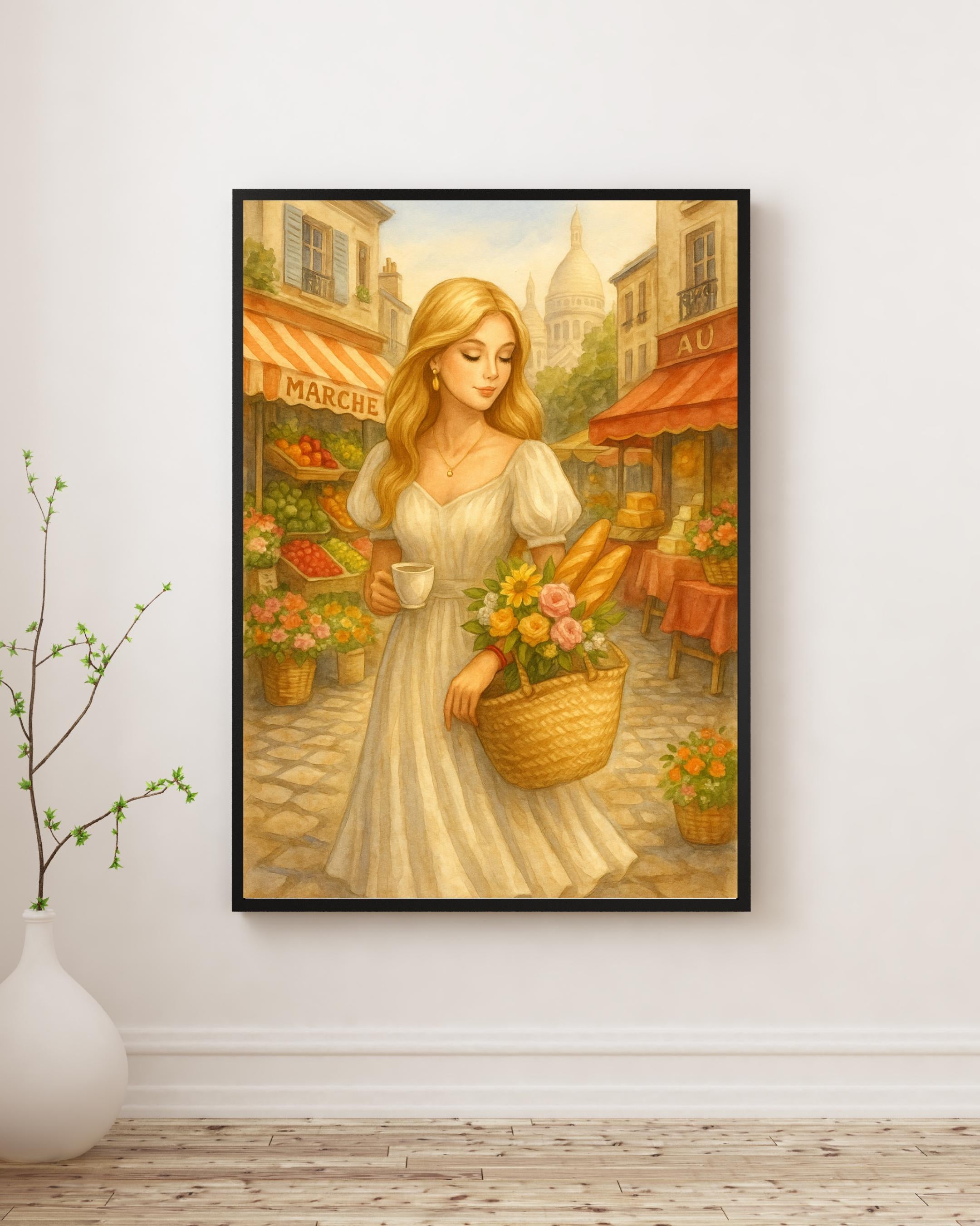 Parisian Market Morning | Blonde Woman with Coffee & Flowers | Romantic French Village Wall Art | Vintage Style Printable