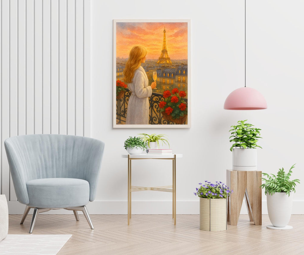 Golden Hour Paris Wall Art | Eiffel Tower Balcony View | Champagne Sunset Printable | Romantic Parisian Decor | Digital Download