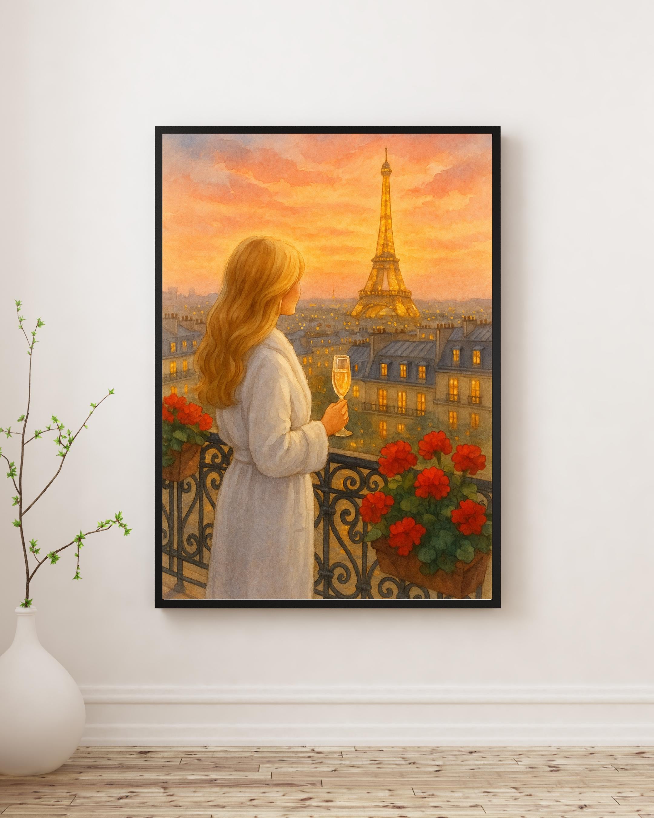 Golden Hour Paris Wall Art | Eiffel Tower Balcony View | Champagne Sunset Printable | Romantic Parisian Decor | Digital Download