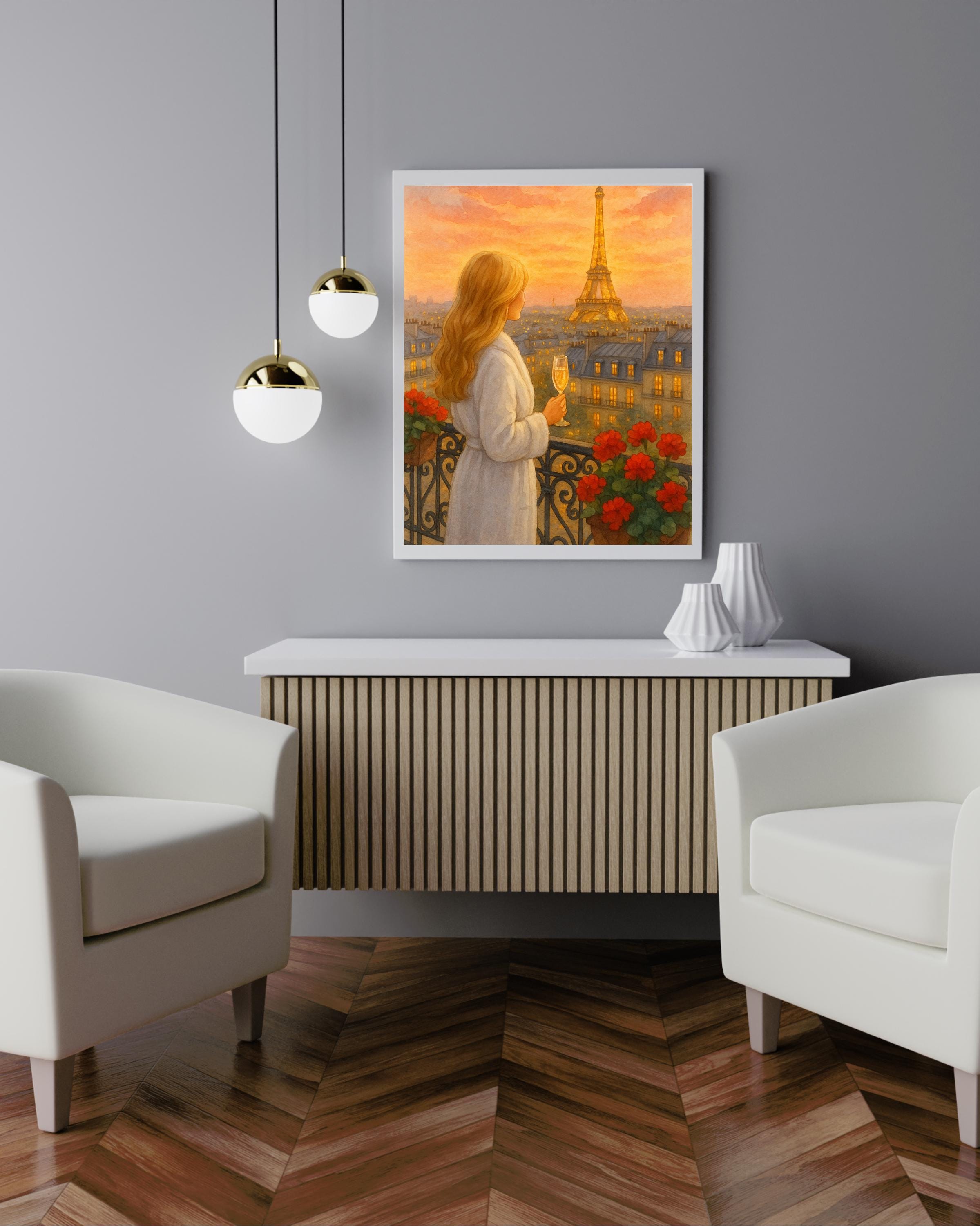 Golden Hour Paris Wall Art | Eiffel Tower Balcony View | Champagne Sunset Printable | Romantic Parisian Decor | Digital Download