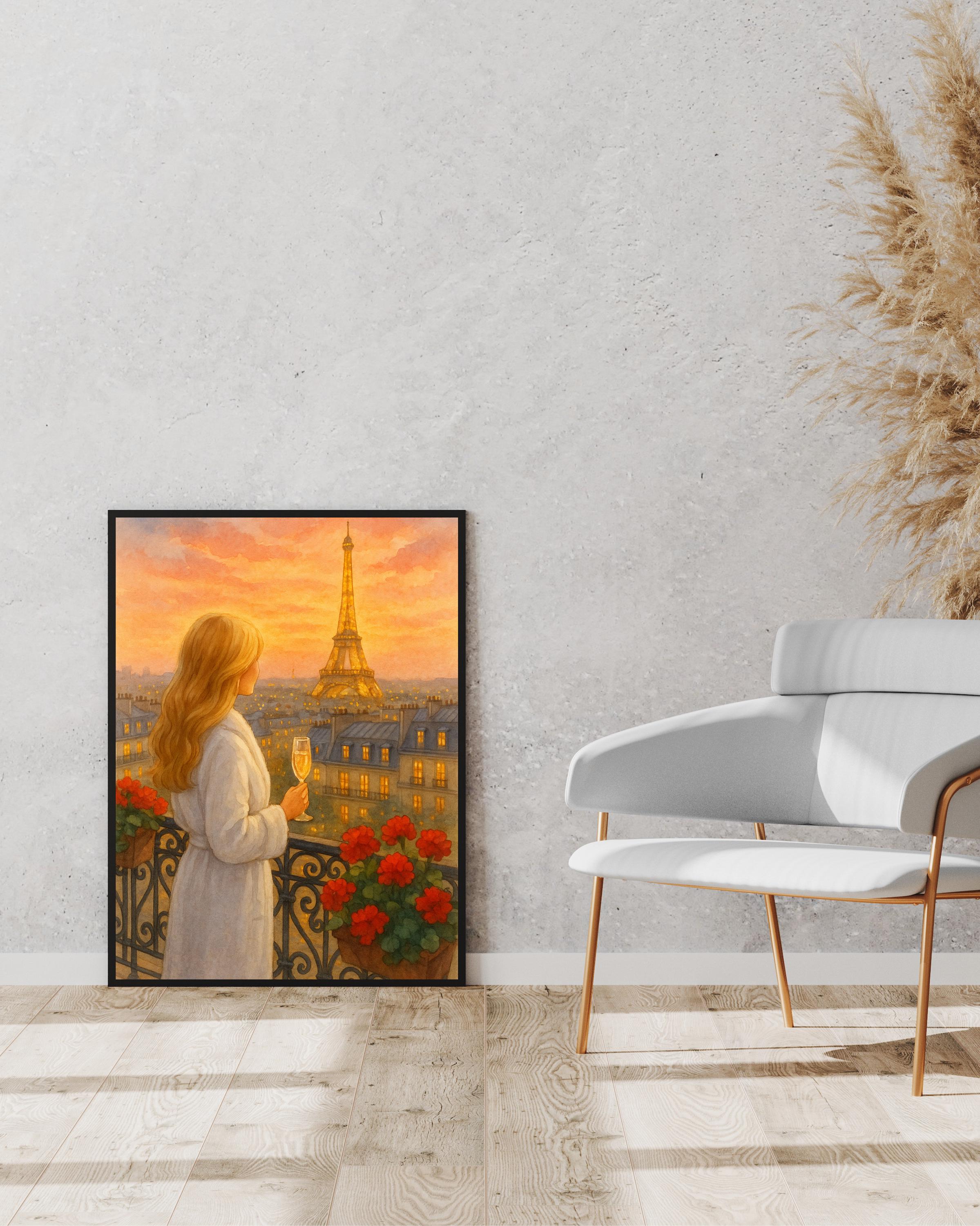 Golden Hour Paris Wall Art | Eiffel Tower Balcony View | Champagne Sunset Printable | Romantic Parisian Decor | Digital Download
