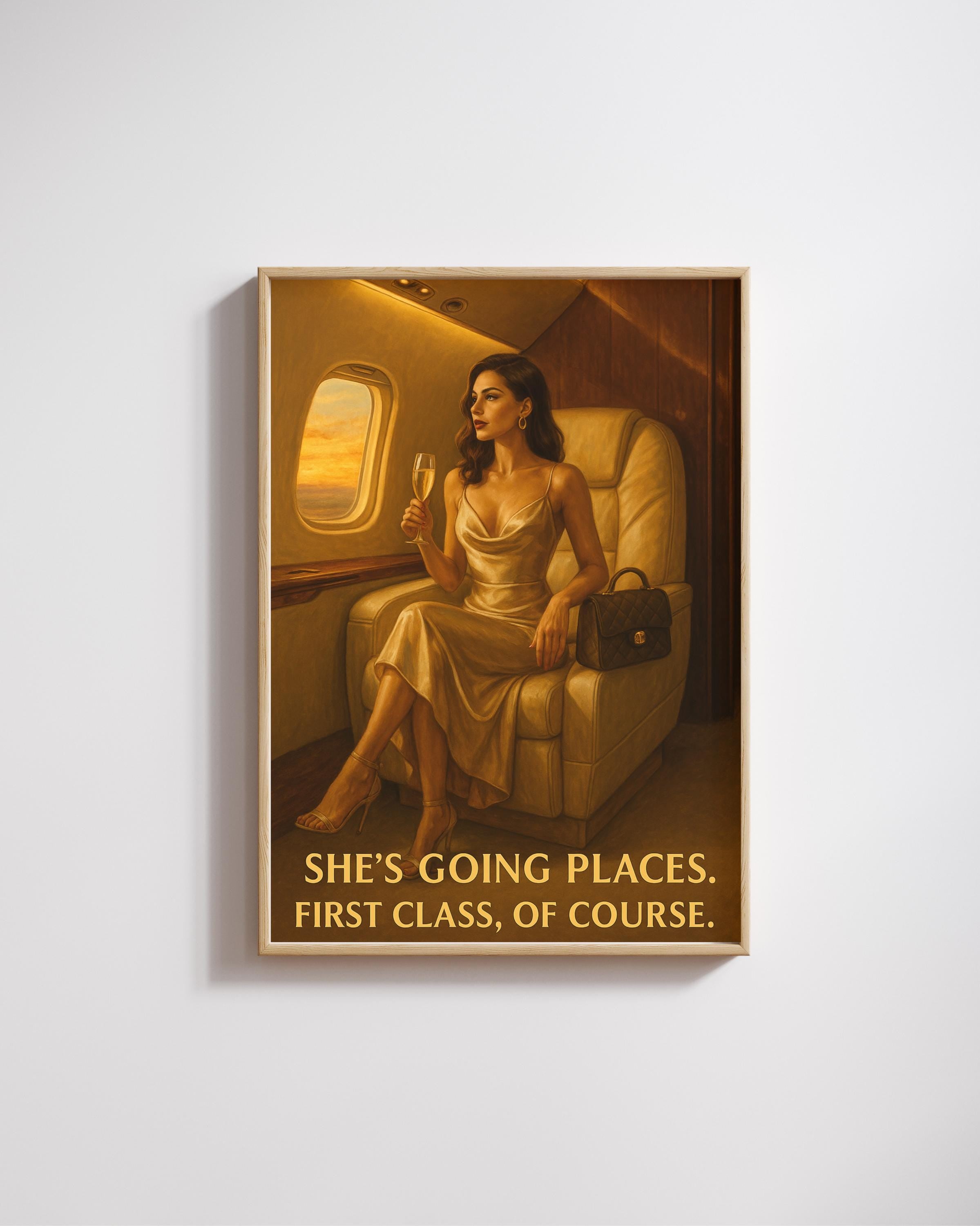 Elegant Woman on Private Jet Wall Art – Luxury Fashion Printable, Empowering Female Travel Decor, First Class Digital Art