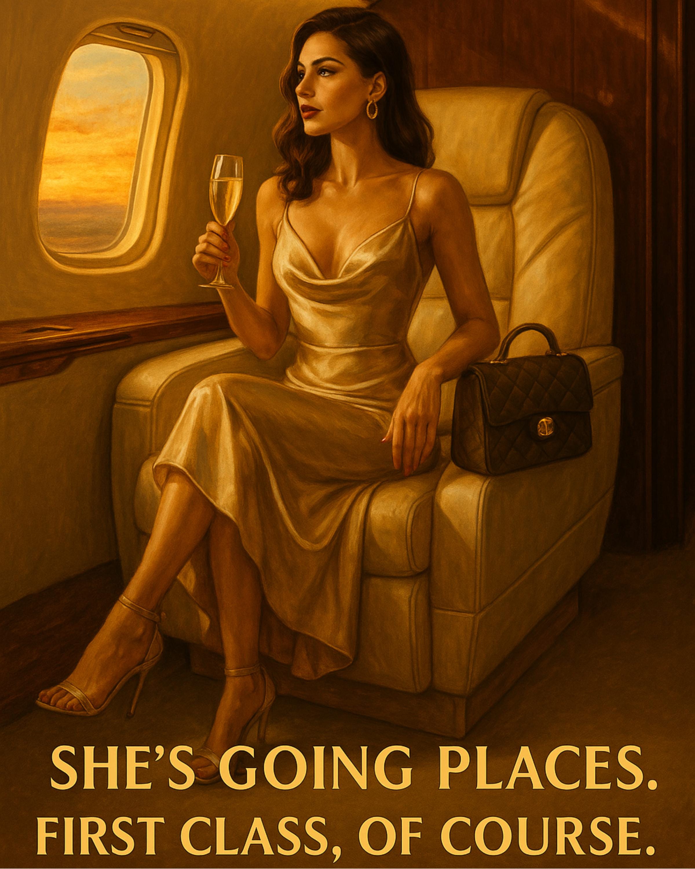 Elegant Woman on Private Jet Wall Art – Luxury Fashion Printable, Empowering Female Travel Decor, First Class Digital Art