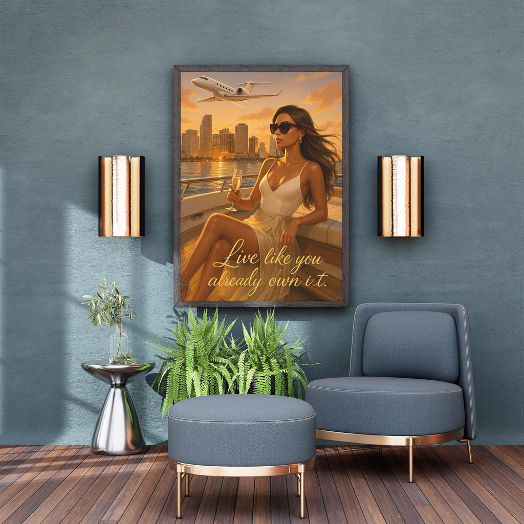 Luxury Yacht Fashion Wall Art – Empowering Digital Print for Women, Miami Glam Decor, “Live Like You Already Own It” Quote Art