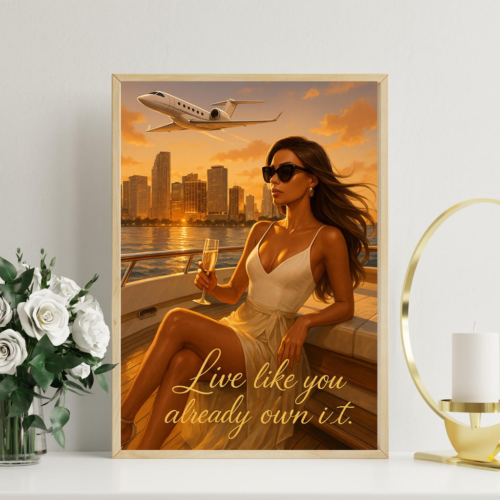 Luxury Yacht Fashion Wall Art – Empowering Digital Print for Women, Miami Glam Decor, “Live Like You Already Own It” Quote Art