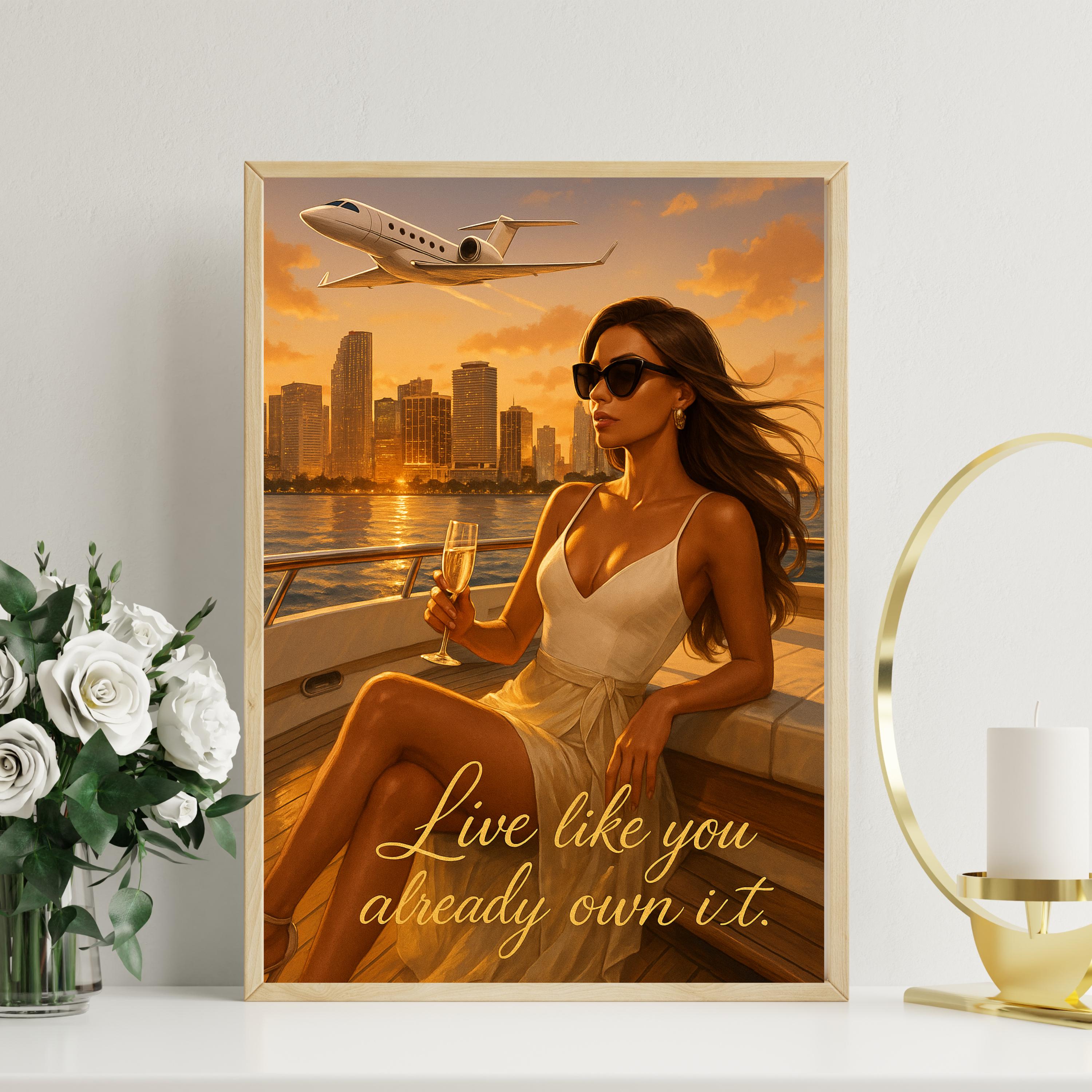 Luxury Yacht Fashion Wall Art – Empowering Digital Print for Women, Miami Glam Decor, “Live Like You Already Own It” Quote Art