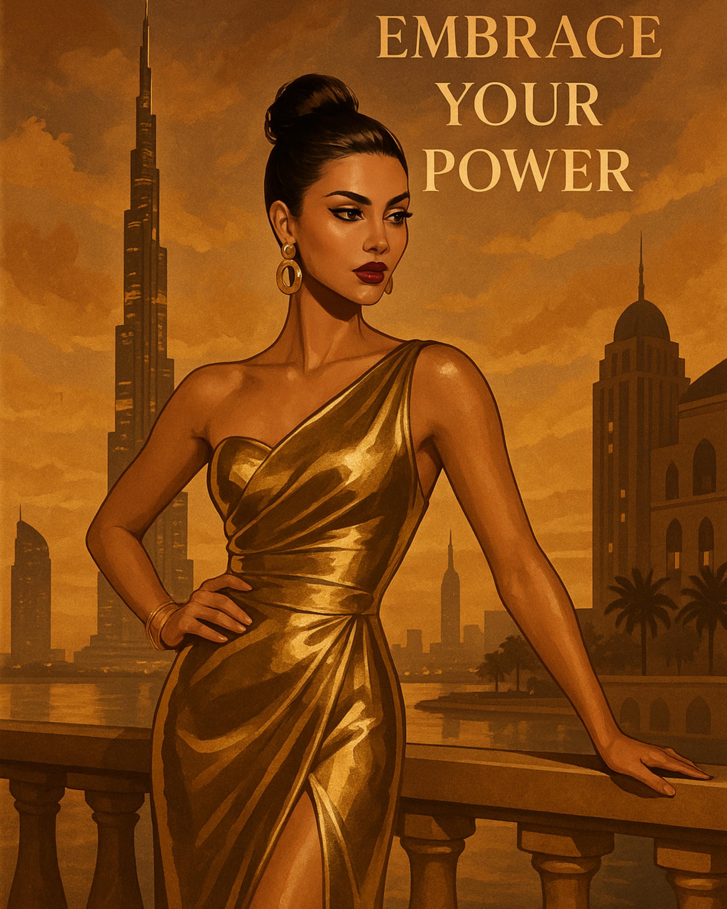 Empowering Gold Fashion Wall Art – Dubai-Inspired Printable, Elegant Woman Digital Download, “Embrace Your Power” Quote