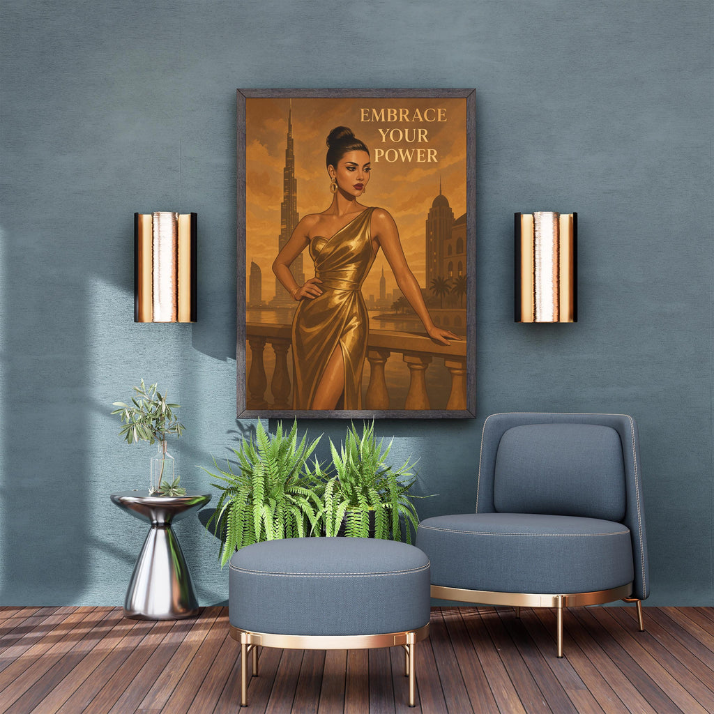 Empowering Gold Fashion Wall Art – Dubai-Inspired Printable, Elegant Woman Digital Download, “Embrace Your Power” Quote