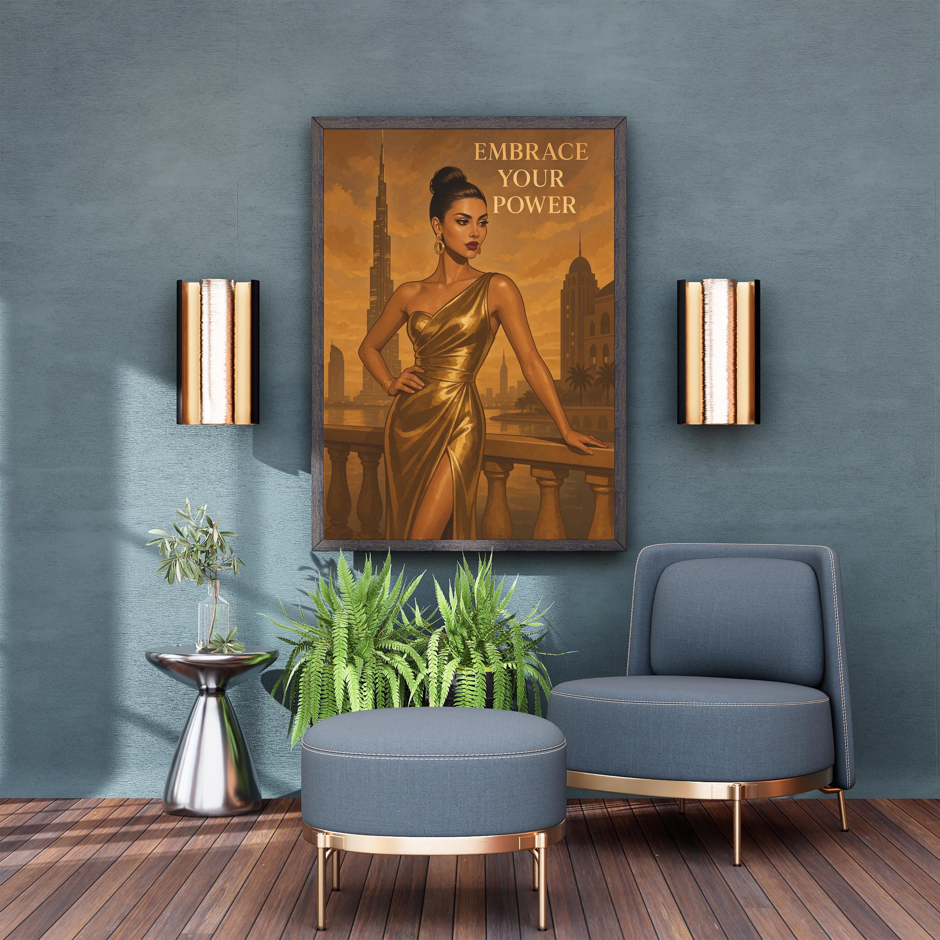 Empowering Gold Fashion Wall Art – Dubai-Inspired Printable, Elegant Woman Digital Download, “Embrace Your Power” Quote