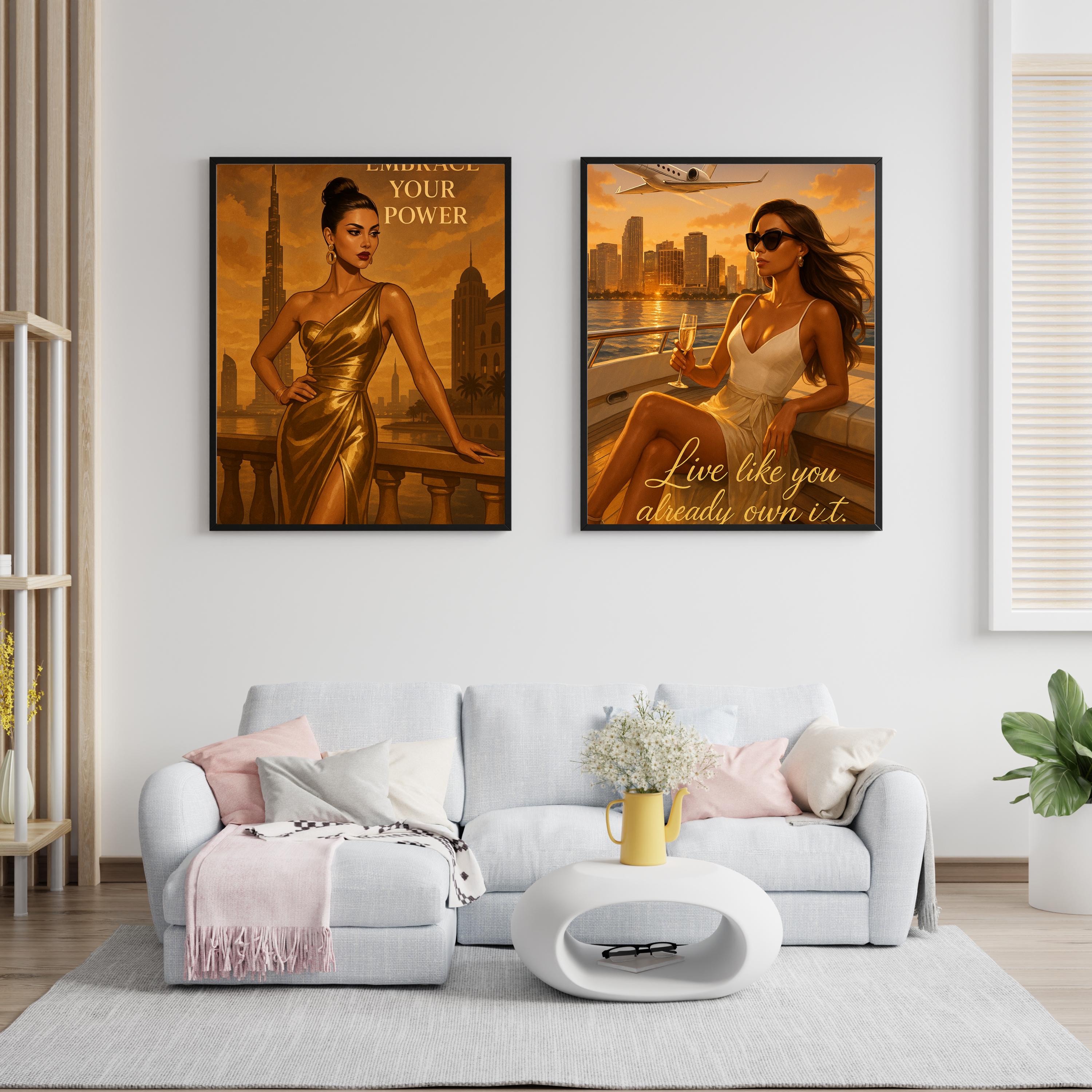 Empowering Gold Fashion Wall Art – Dubai-Inspired Printable, Elegant Woman Digital Download, “Embrace Your Power” Quote