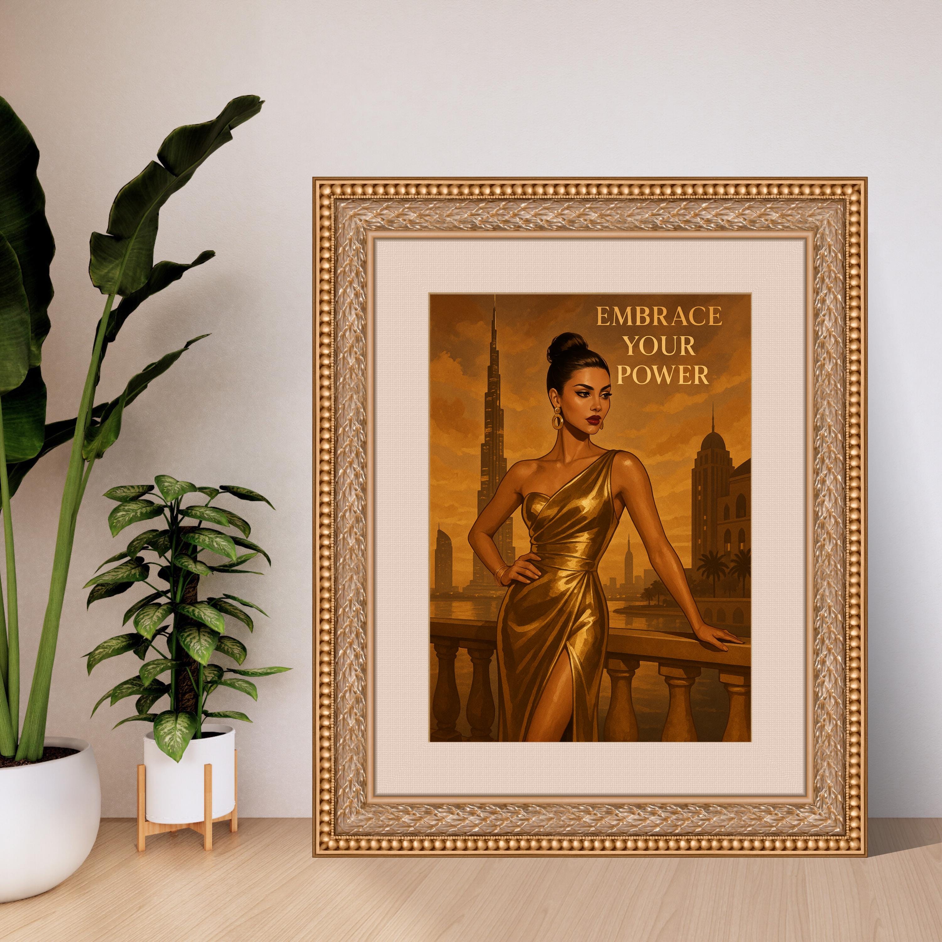 Empowering Gold Fashion Wall Art – Dubai-Inspired Printable, Elegant Woman Digital Download, “Embrace Your Power” Quote