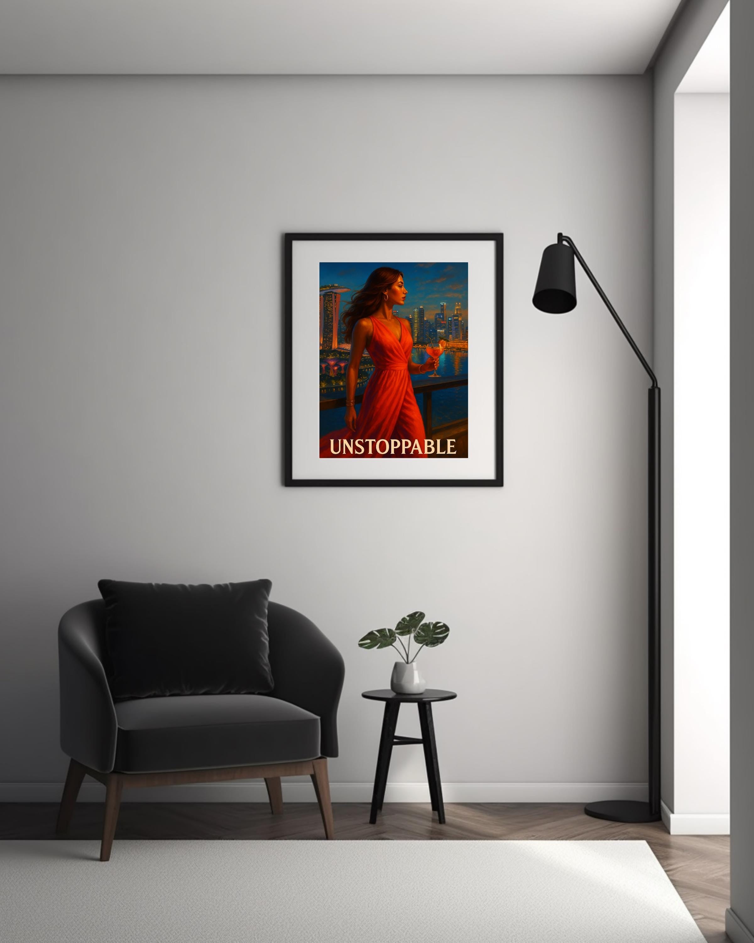 Unstoppable Woman Wall Art – Brazil Rooftop Printable, Red Dress Empowerment Poster, Digital Fashion Illustration for Women