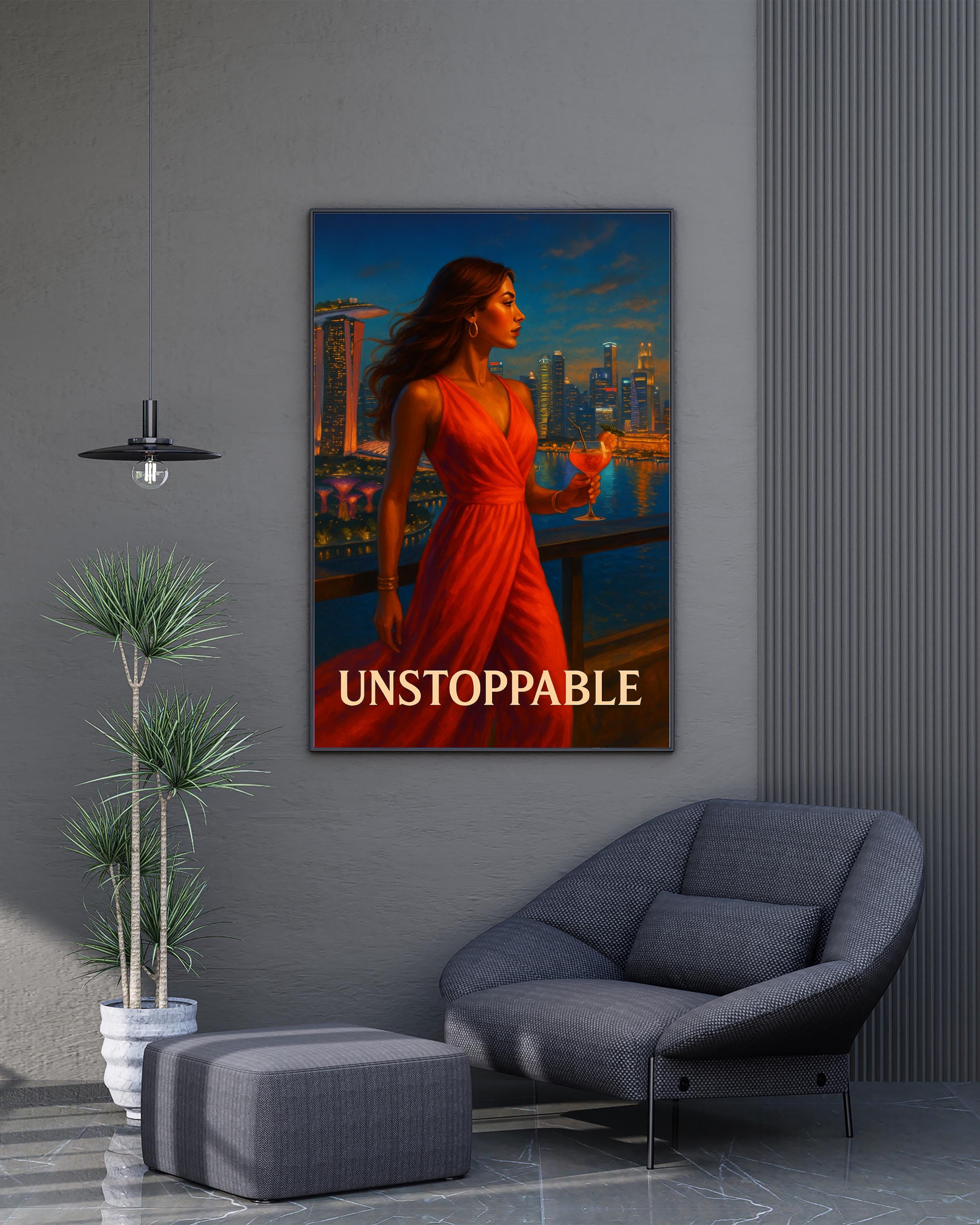 Unstoppable Woman Wall Art – Brazil Rooftop Printable, Red Dress Empowerment Poster, Digital Fashion Illustration for Women