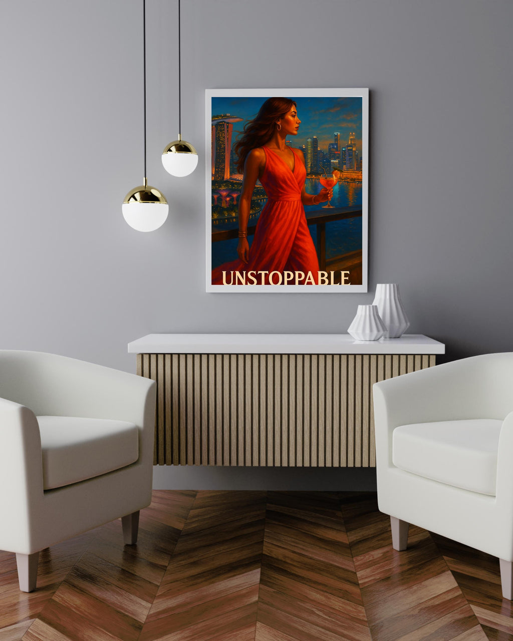 Unstoppable Woman Wall Art – Brazil Rooftop Printable, Red Dress Empowerment Poster, Digital Fashion Illustration for Women