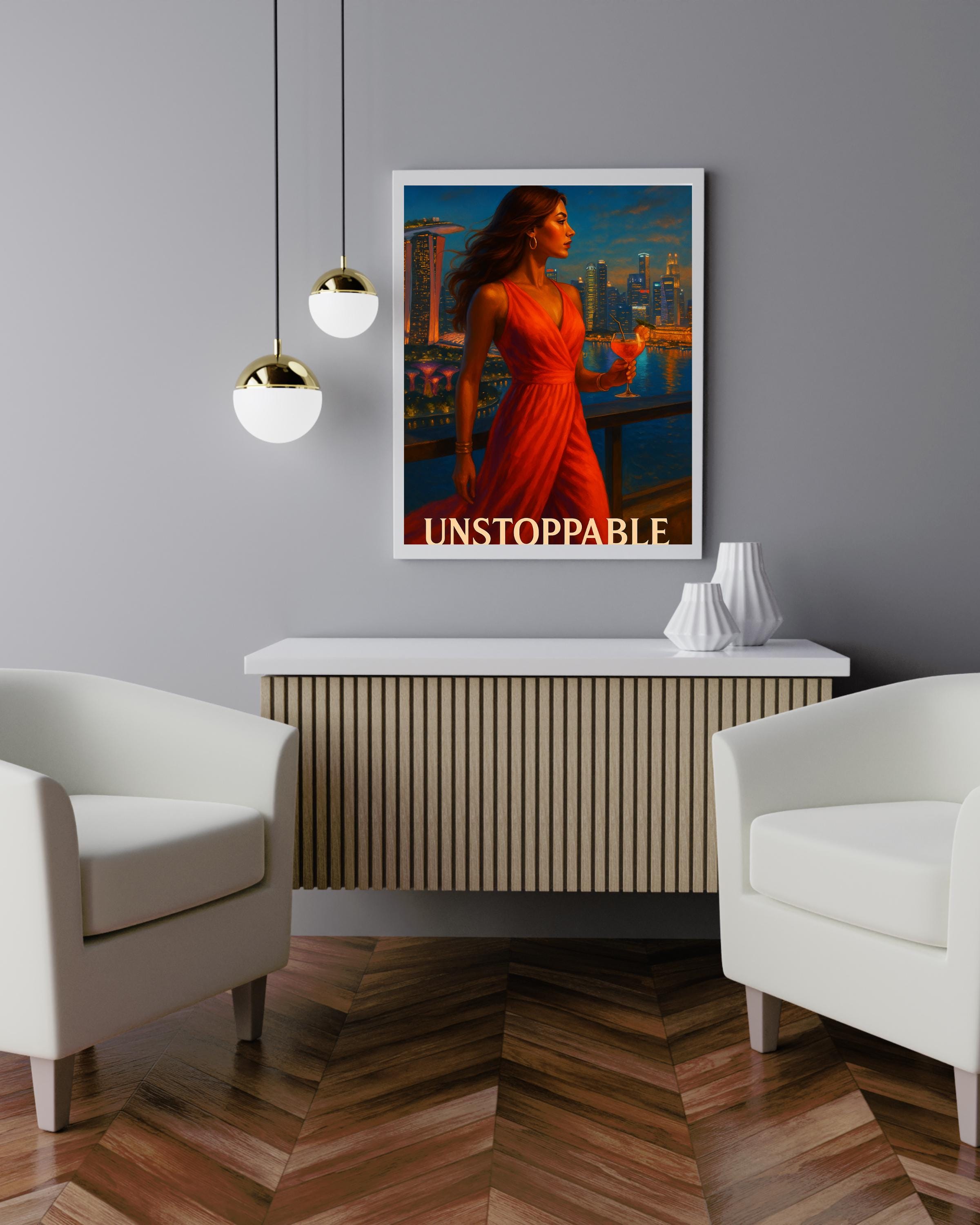 Unstoppable Woman Wall Art – Brazil Rooftop Printable, Red Dress Empowerment Poster, Digital Fashion Illustration for Women