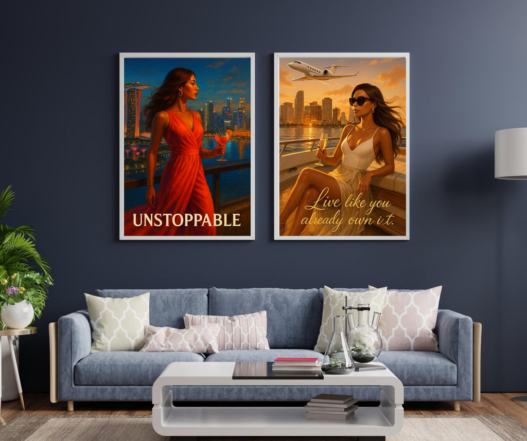 Unstoppable Woman Wall Art – Brazil Rooftop Printable, Red Dress Empowerment Poster, Digital Fashion Illustration for Women