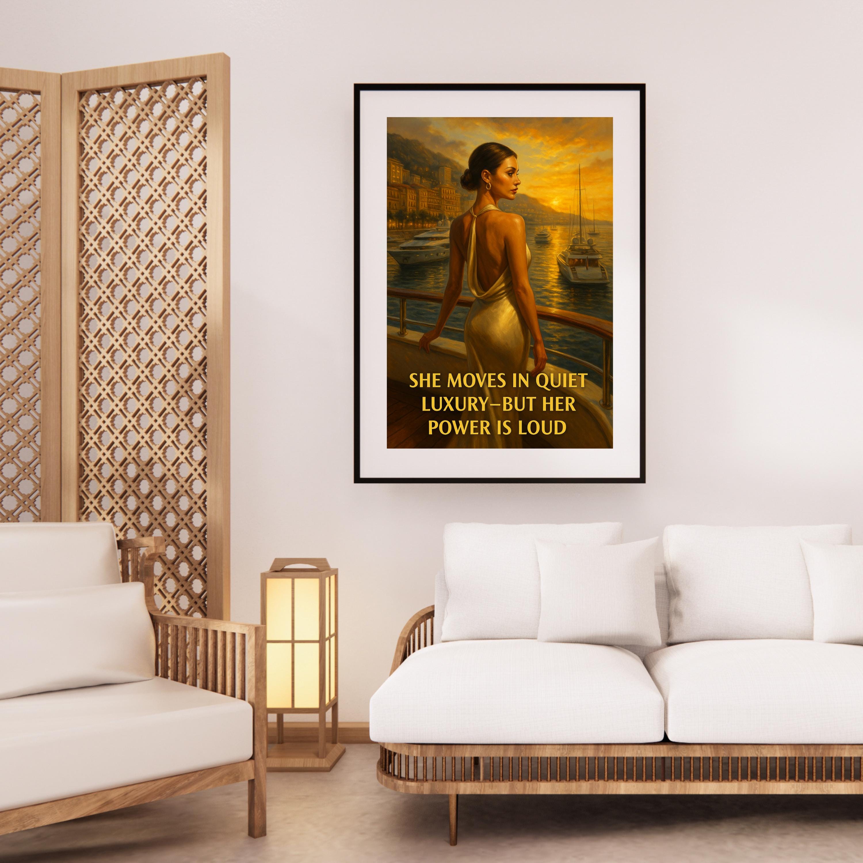 Elegant Woman in Monaco Wall Art – Digital Printable Luxury Poster, Fashionable Sunset Yacht Scene with Empowering Quote