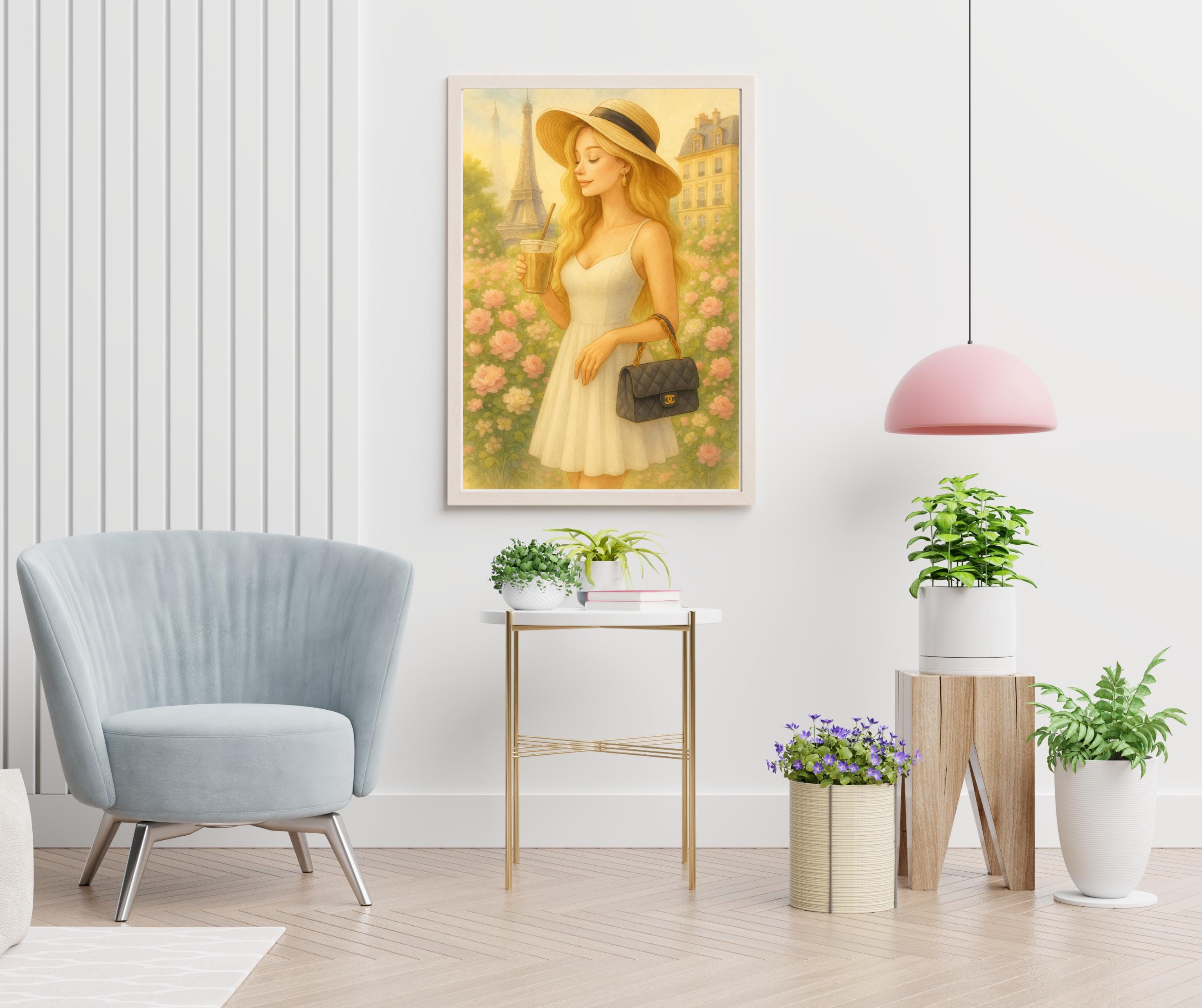 Paris Summer Wall Art – Blonde Woman with Iced Coffee | Eiffel Tower Printable Art | Feminine Parisian Decor – Instant Download