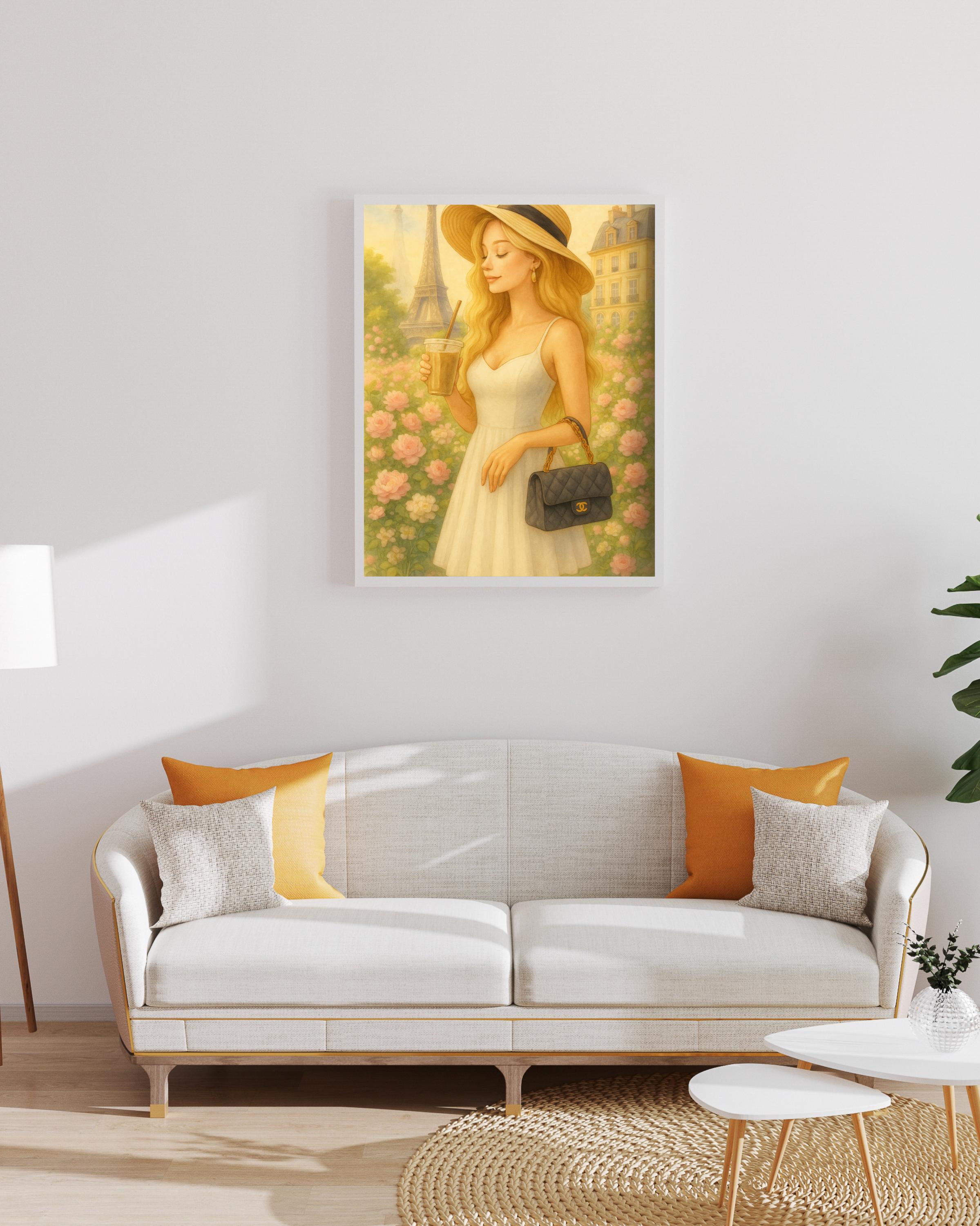Paris Summer Wall Art – Blonde Woman with Iced Coffee | Eiffel Tower Printable Art | Feminine Parisian Decor – Instant Download