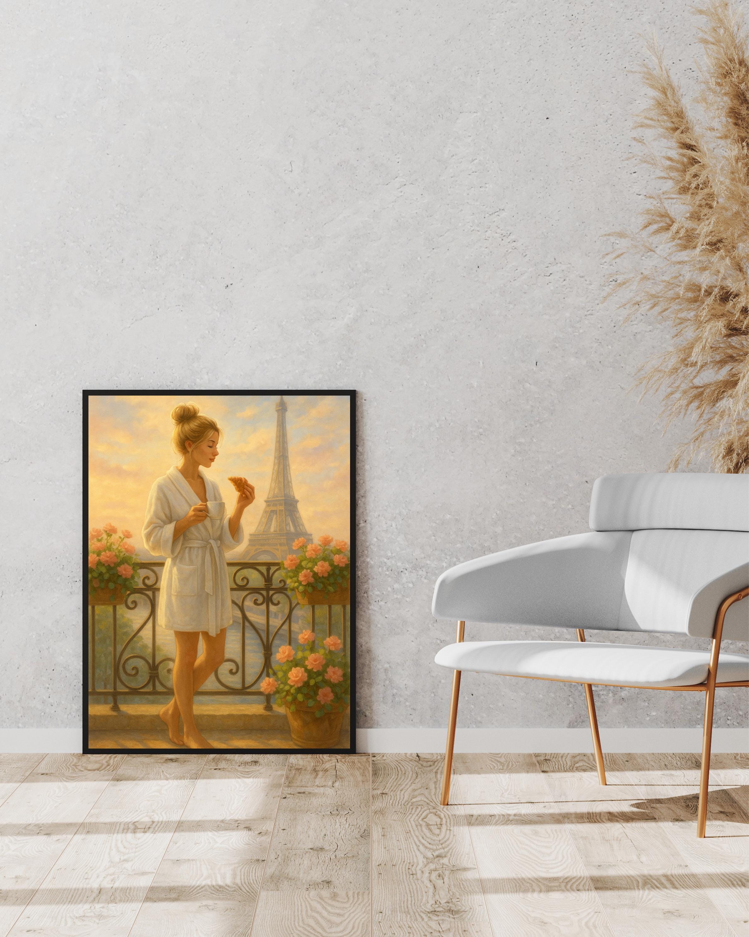 Paris Balcony Wall Art – Blonde Woman in Robe with Coffee & Croissant | Eiffel Tower Printable | Feminine Morning Decor