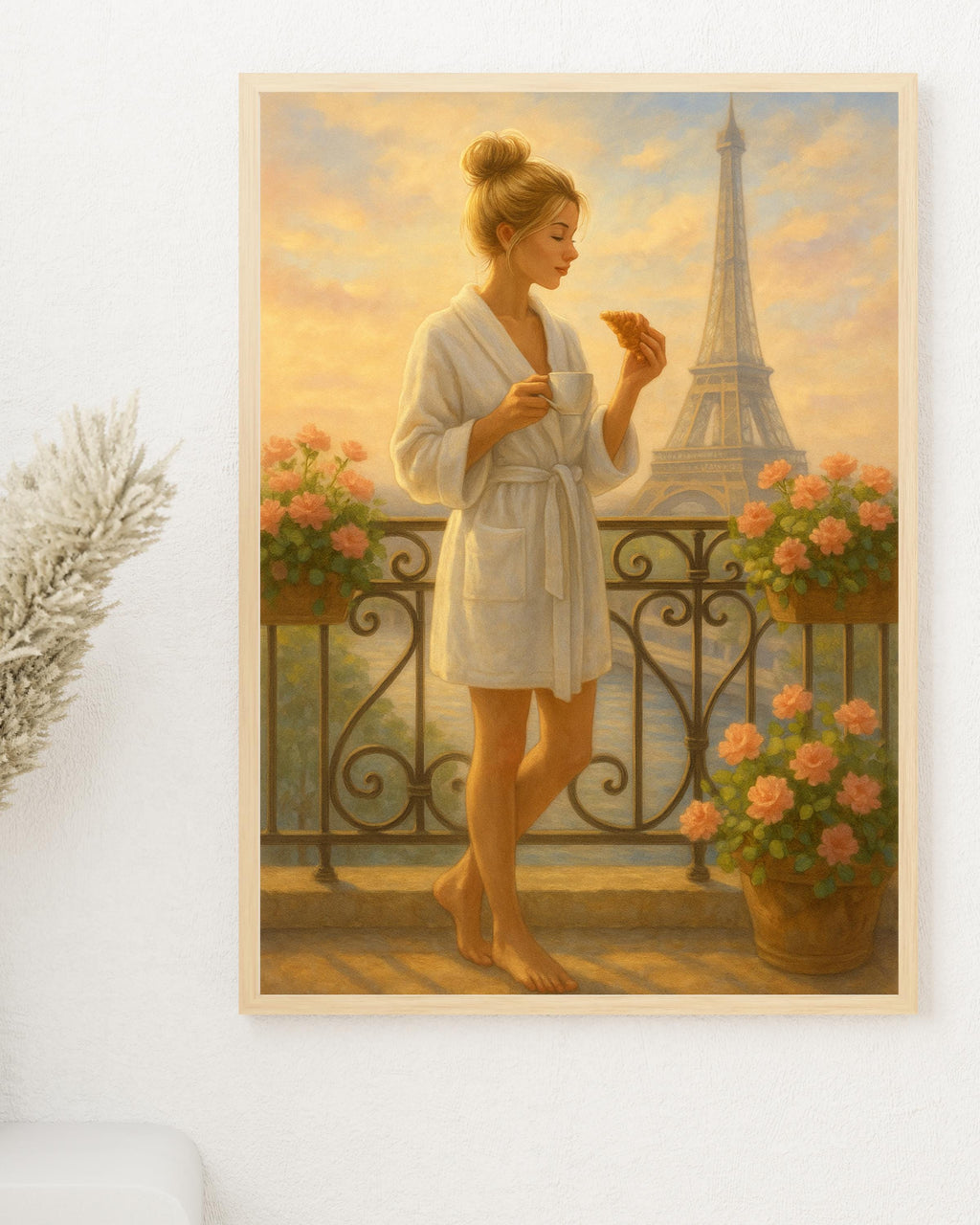 Paris Balcony Wall Art – Blonde Woman in Robe with Coffee & Croissant | Eiffel Tower Printable | Feminine Morning Decor