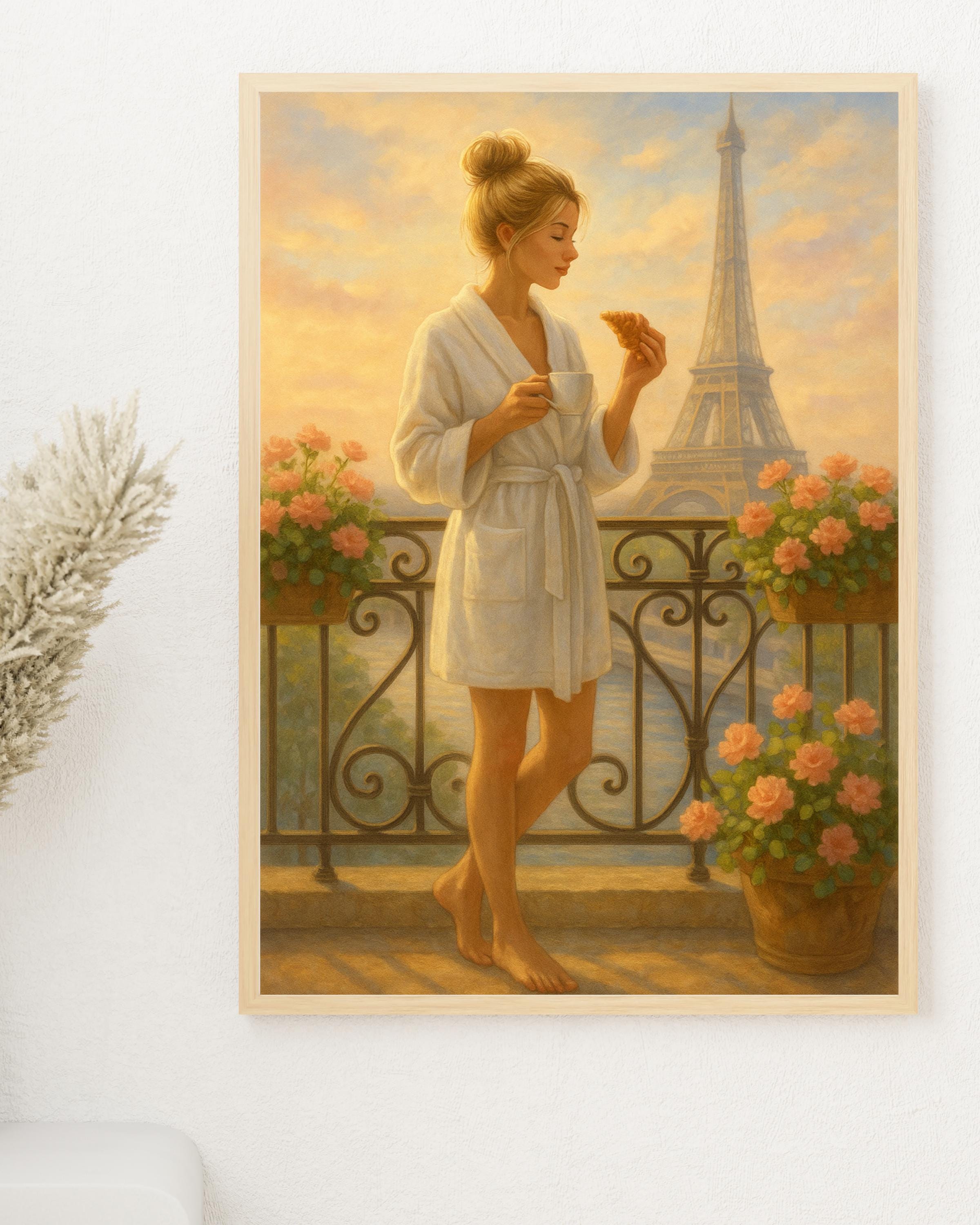 Paris Balcony Wall Art – Blonde Woman in Robe with Coffee & Croissant | Eiffel Tower Printable | Feminine Morning Decor