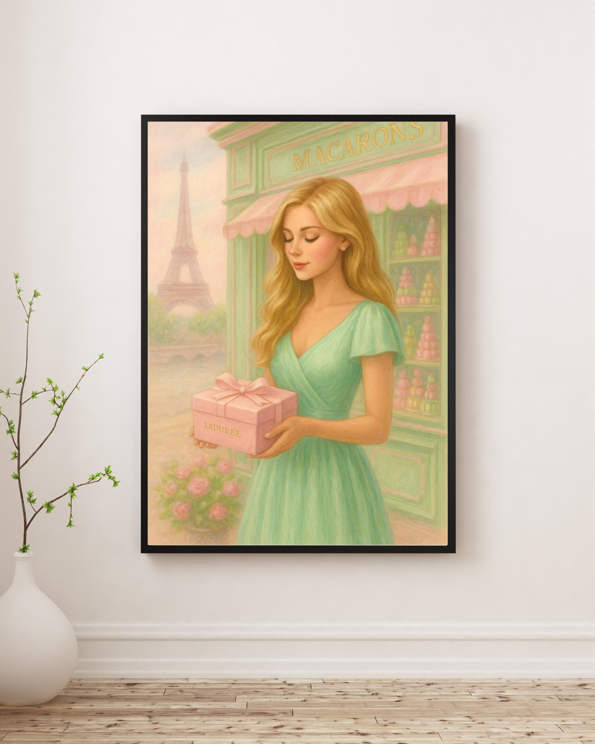 Paris Fashion Wall Art – Blonde Woman with Gift Box | Eiffel Tower Printable | Feminine Paris Decor – Instant Download