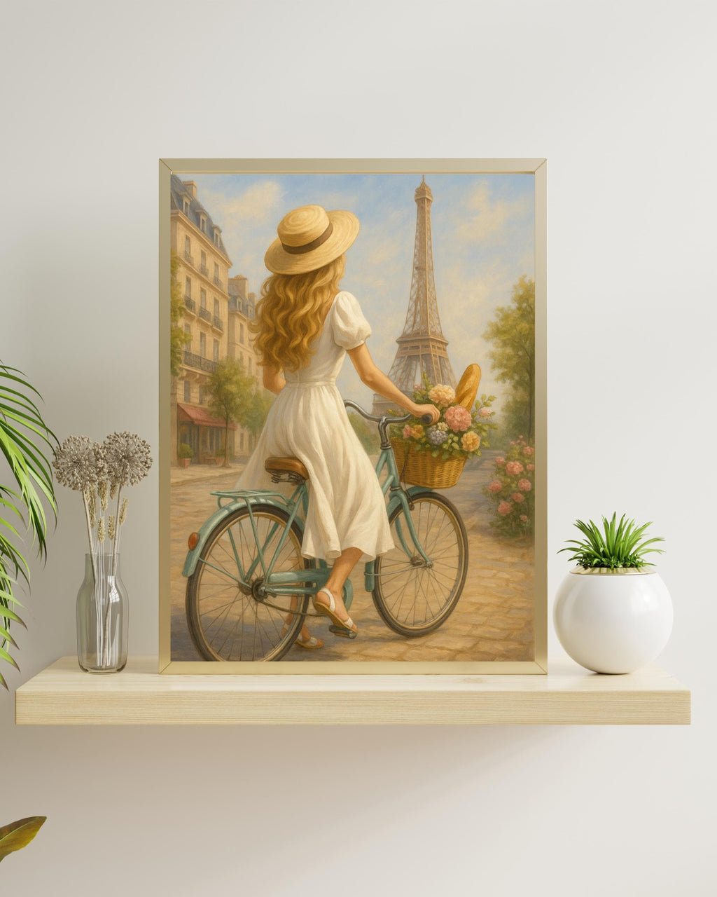 Paris Bicycle Wall Art – Blonde Woman in White Dress | Eiffel Tower Printable | Romantic Summer Decor – Instant Download