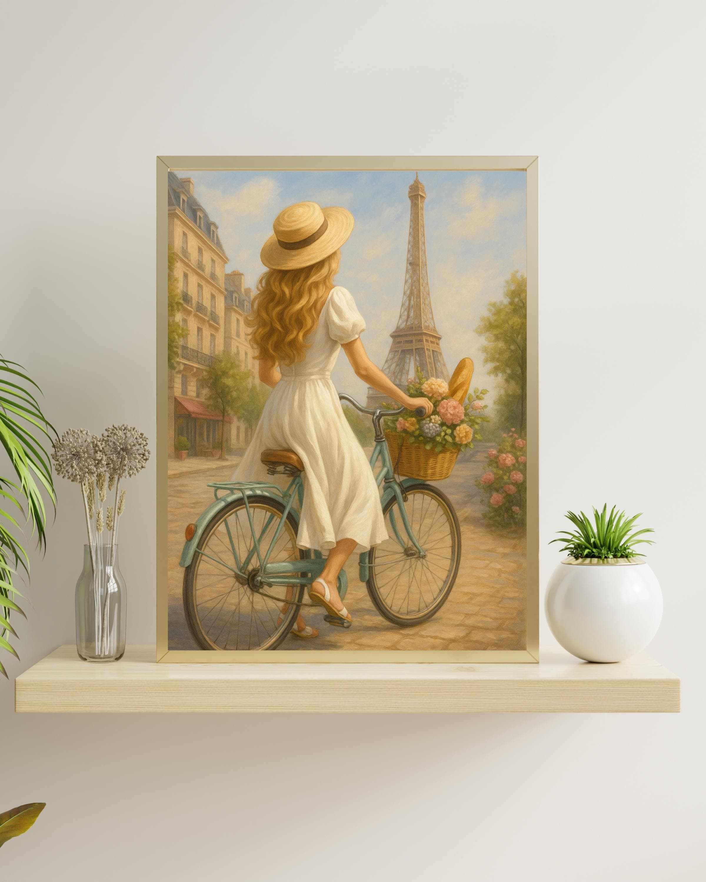 Paris Bicycle Wall Art – Blonde Woman in White Dress | Eiffel Tower Printable | Romantic Summer Decor – Instant Download
