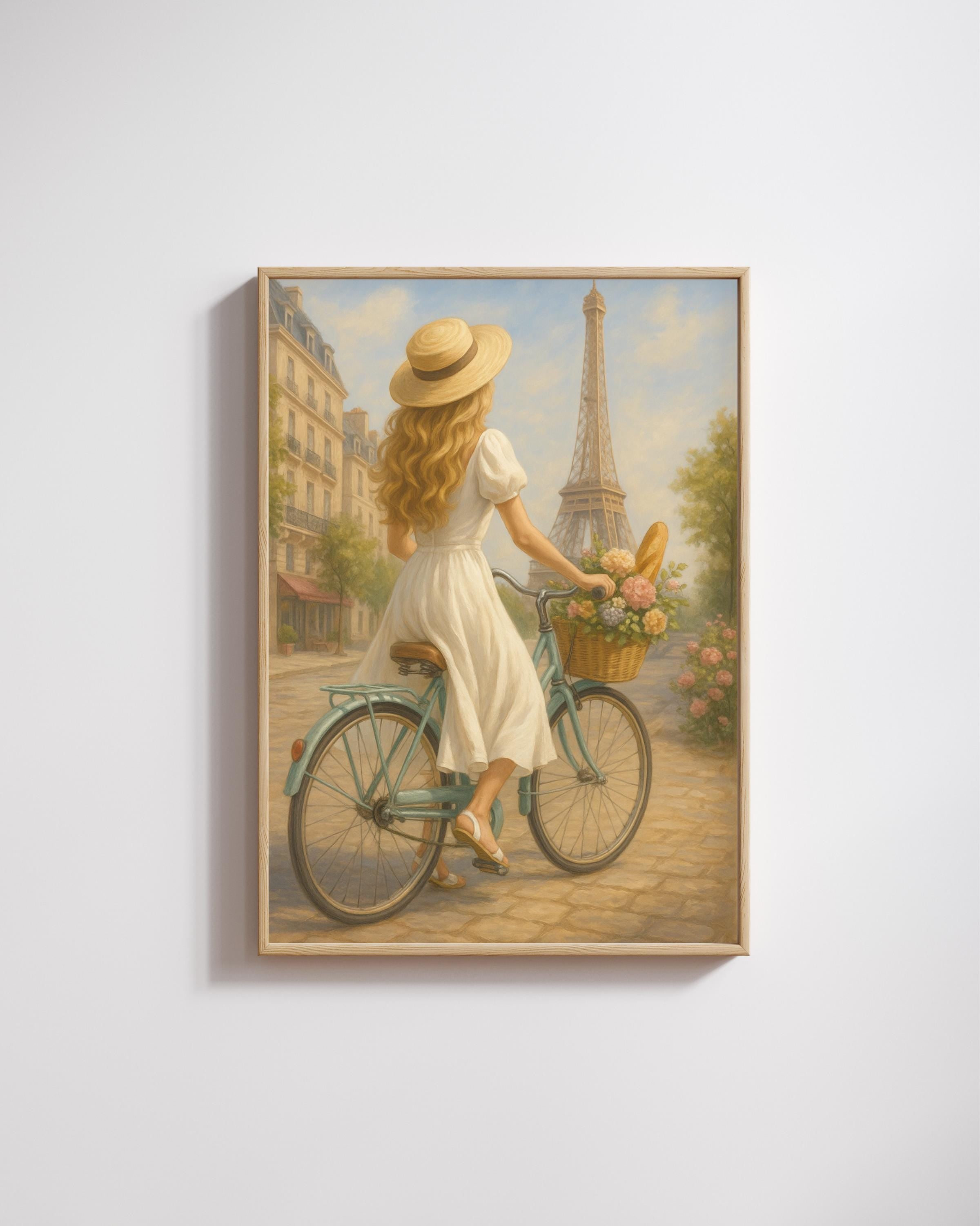 Paris Bicycle Wall Art – Blonde Woman in White Dress | Eiffel Tower Printable | Romantic Summer Decor – Instant Download