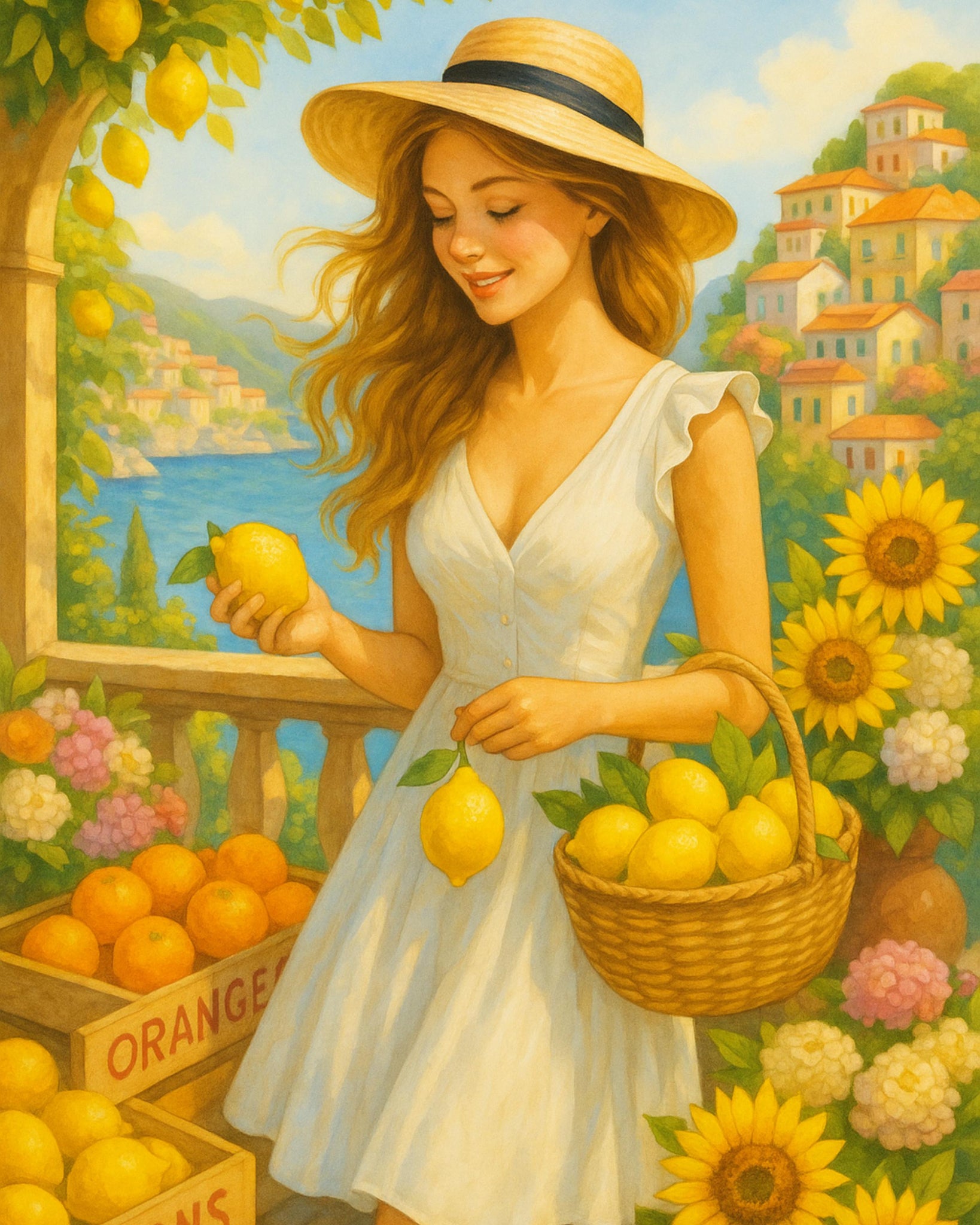Printable Wall Art – Woman at Lemon Market Amalfi Coast | Elegant Kitchen Decor | Digital Download Wall Art for Home