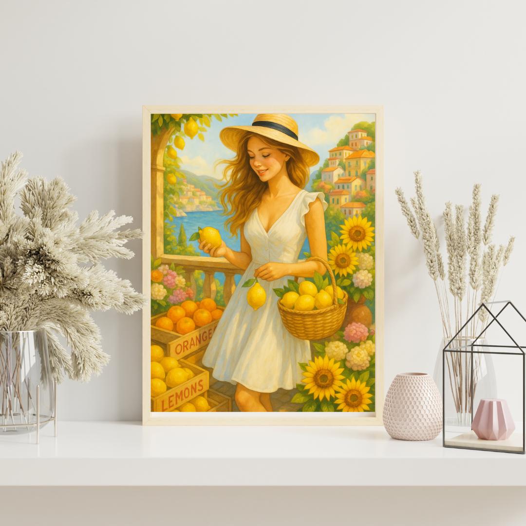 Printable Wall Art – Woman at Lemon Market Amalfi Coast | Elegant Kitchen Decor | Digital Download Wall Art for Home
