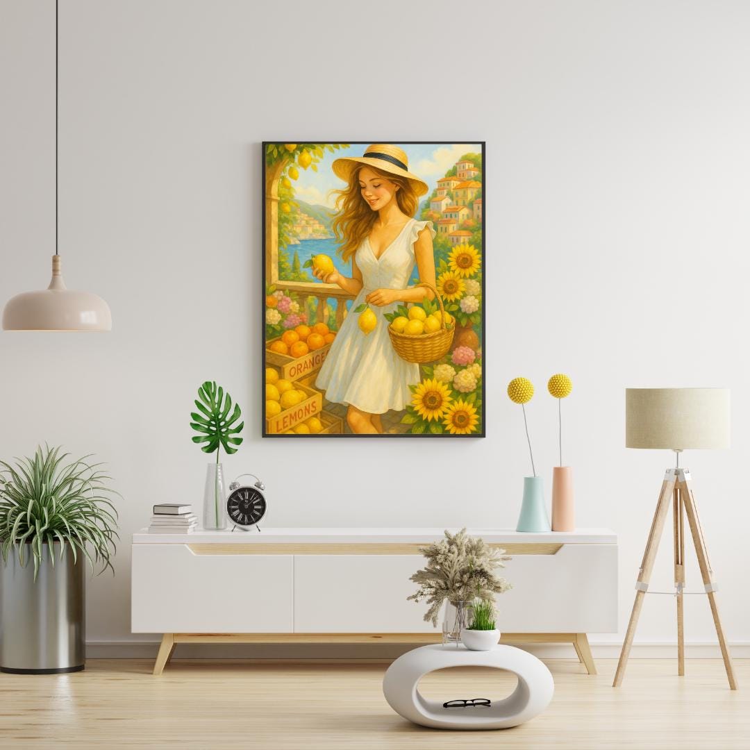 Printable Wall Art – Woman at Lemon Market Amalfi Coast | Elegant Kitchen Decor | Digital Download Wall Art for Home