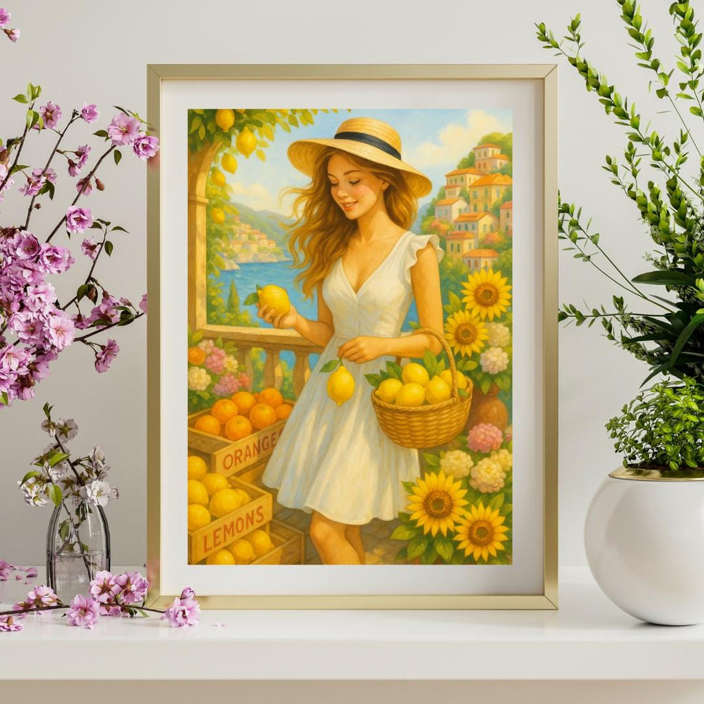 Printable Wall Art – Woman at Lemon Market Amalfi Coast | Elegant Kitchen Decor | Digital Download Wall Art for Home