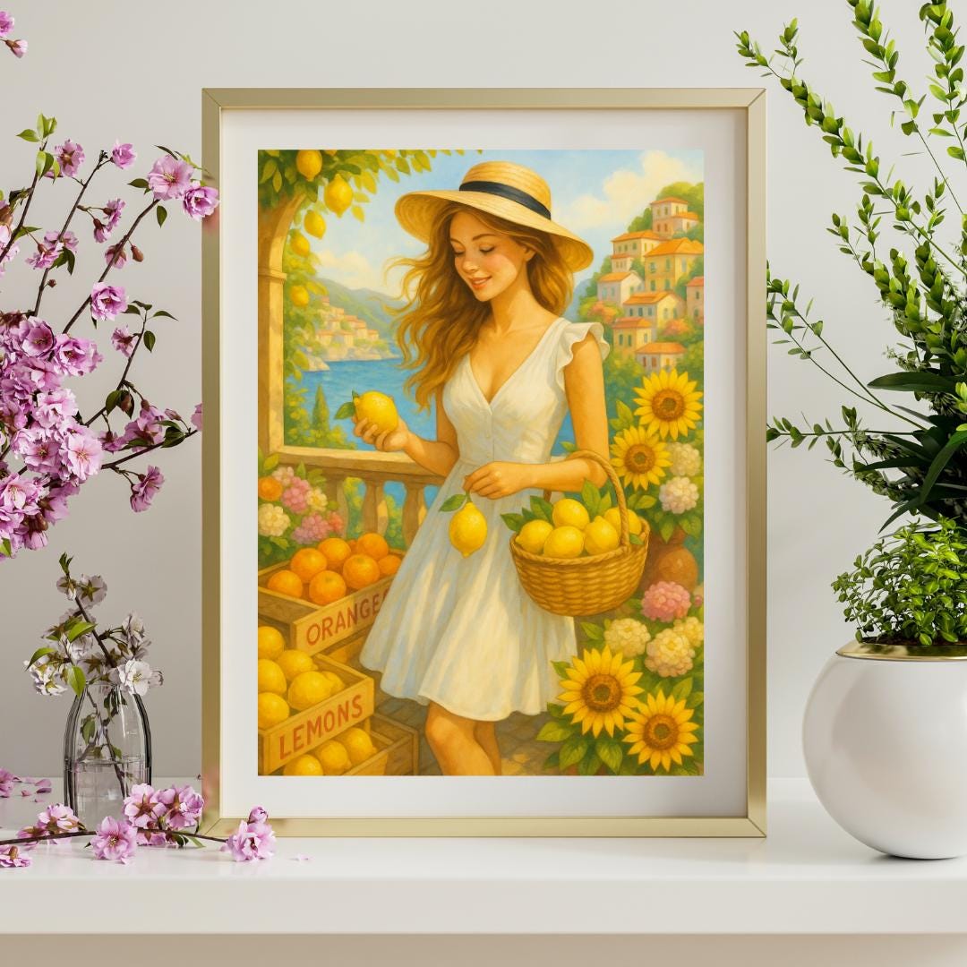 Printable Wall Art – Woman at Lemon Market Amalfi Coast | Elegant Kitchen Decor | Digital Download Wall Art for Home