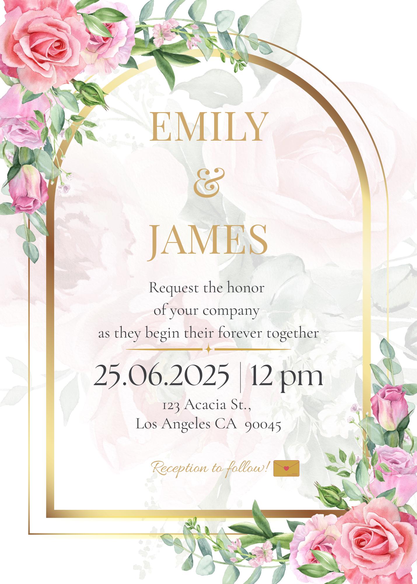Editable Wedding Invitation Template – Floral Gold Arch Design – Canva Template – Printable Invite – Instant Download PDF