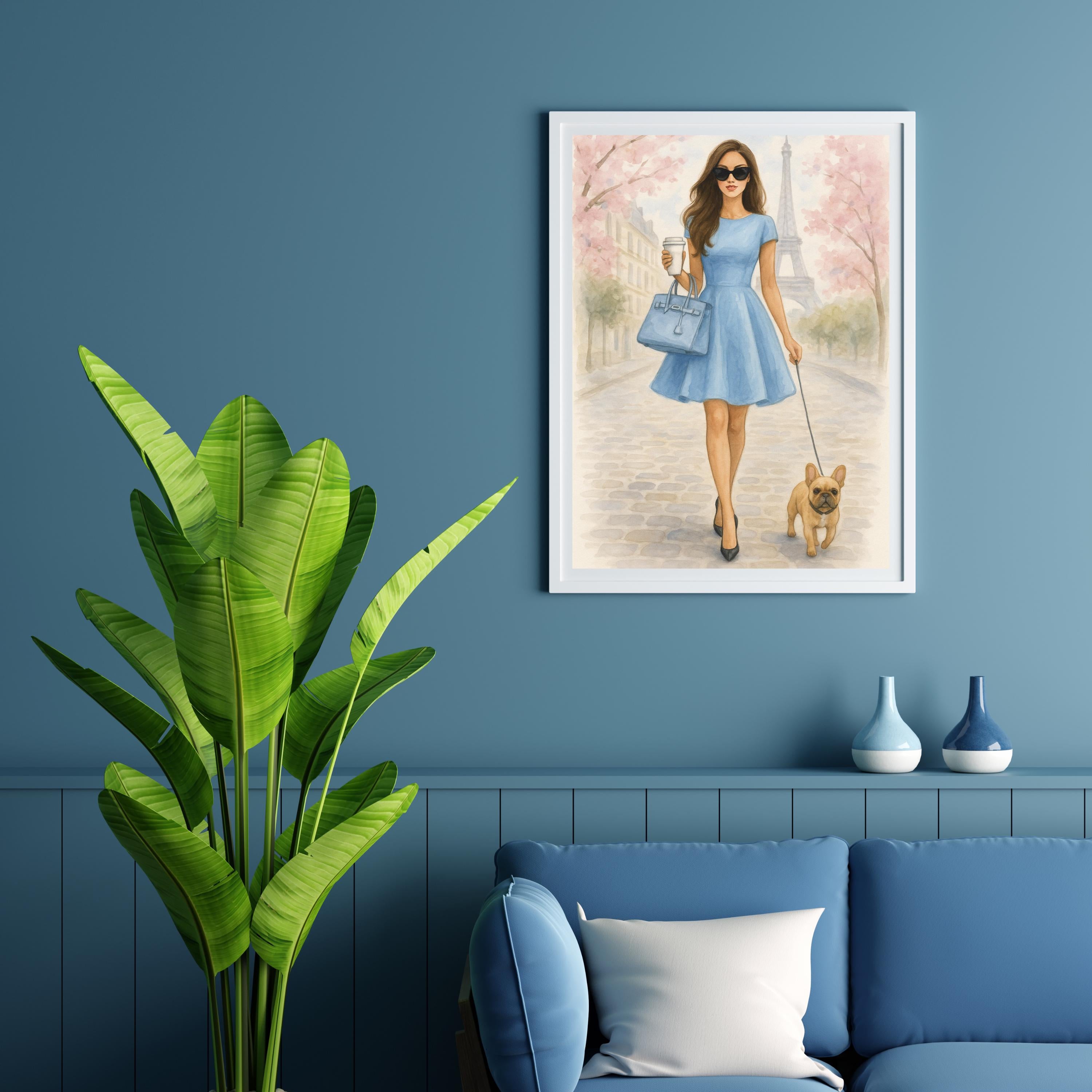 Paris Wall Art Printable – Woman in Blue Dress with Dog – Chic Digital Download for Bedroom or Office – Eiffel Tower Spring Fashion Poster