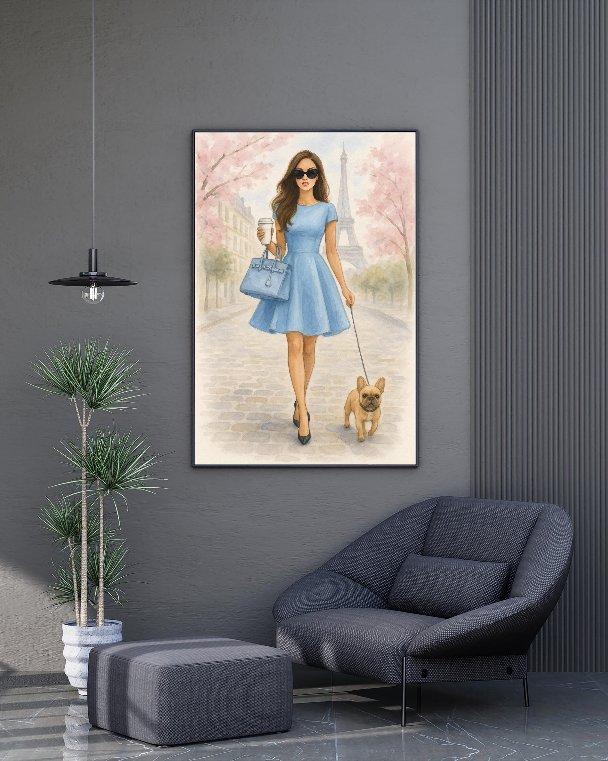 Paris Wall Art Printable – Woman in Blue Dress with Dog – Chic Digital Download for Bedroom or Office – Eiffel Tower Spring Fashion Poster