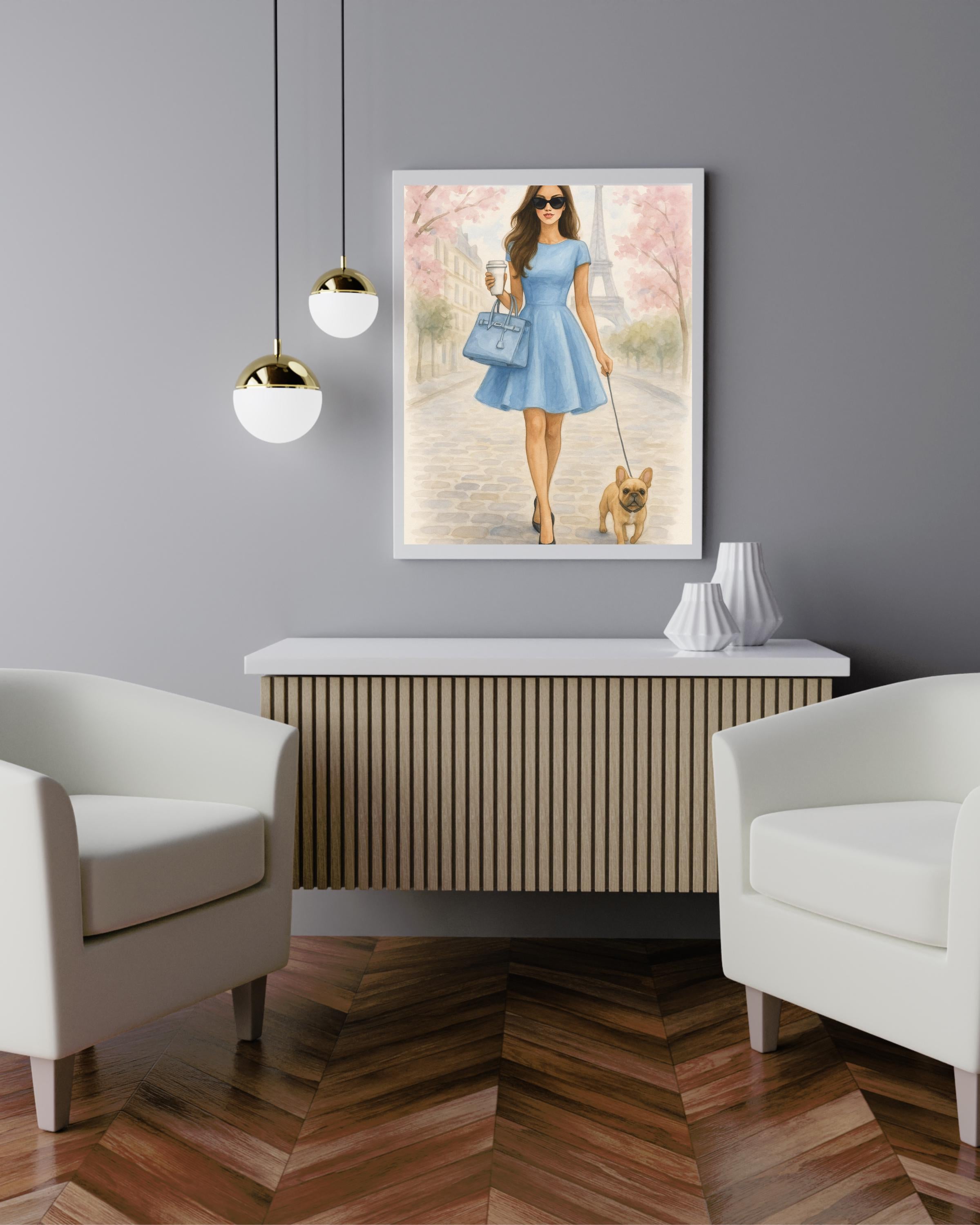 Paris Wall Art Printable – Woman in Blue Dress with Dog – Chic Digital Download for Bedroom or Office – Eiffel Tower Spring Fashion Poster
