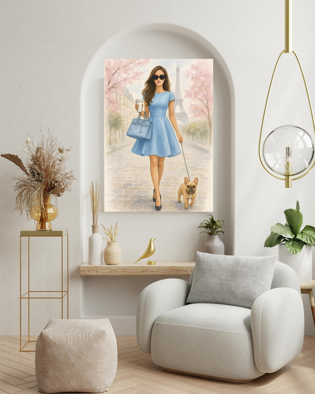 Paris Wall Art Printable – Woman in Blue Dress with Dog – Chic Digital Download for Bedroom or Office – Eiffel Tower Spring Fashion Poster