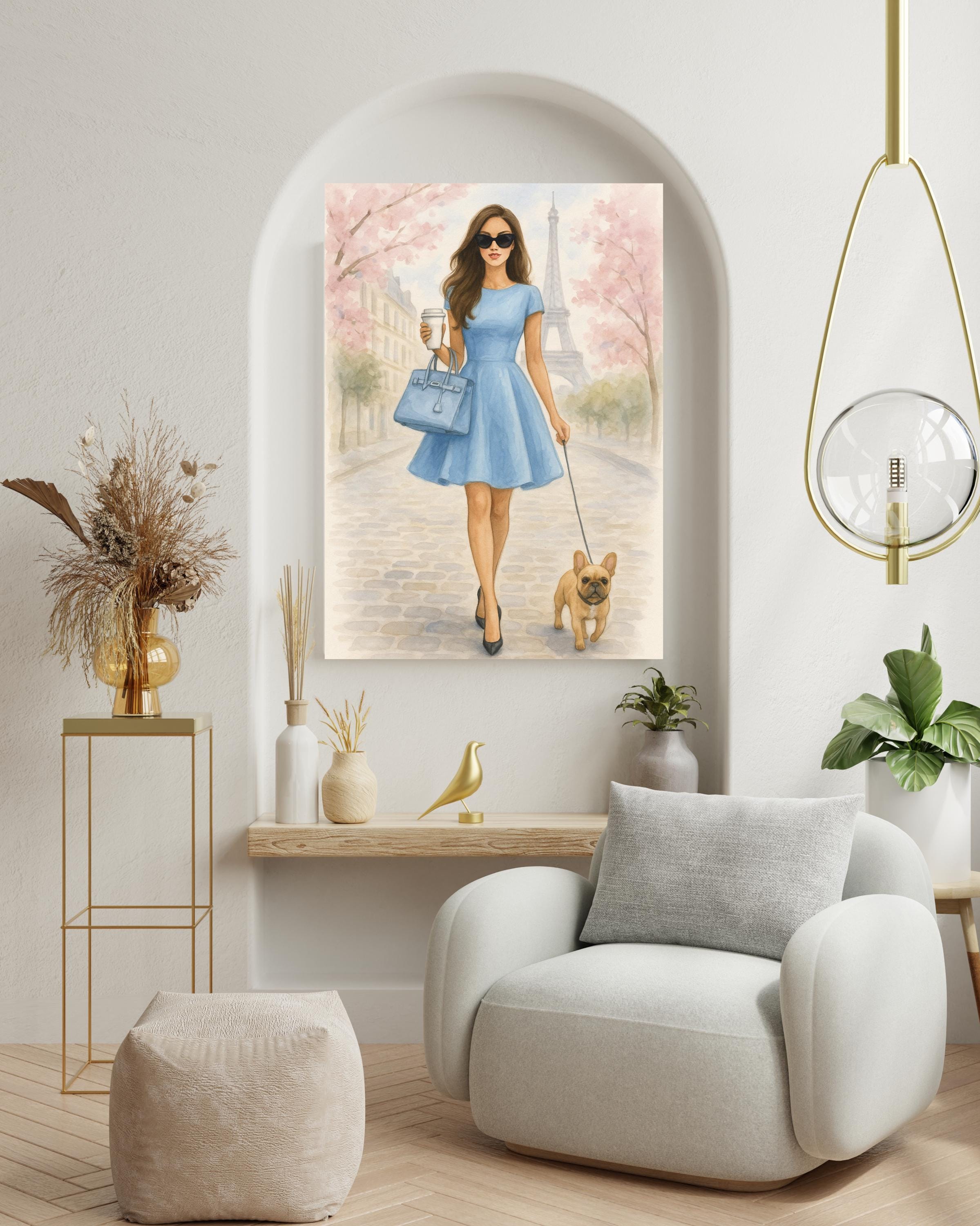Paris Wall Art Printable – Woman in Blue Dress with Dog – Chic Digital Download for Bedroom or Office – Eiffel Tower Spring Fashion Poster