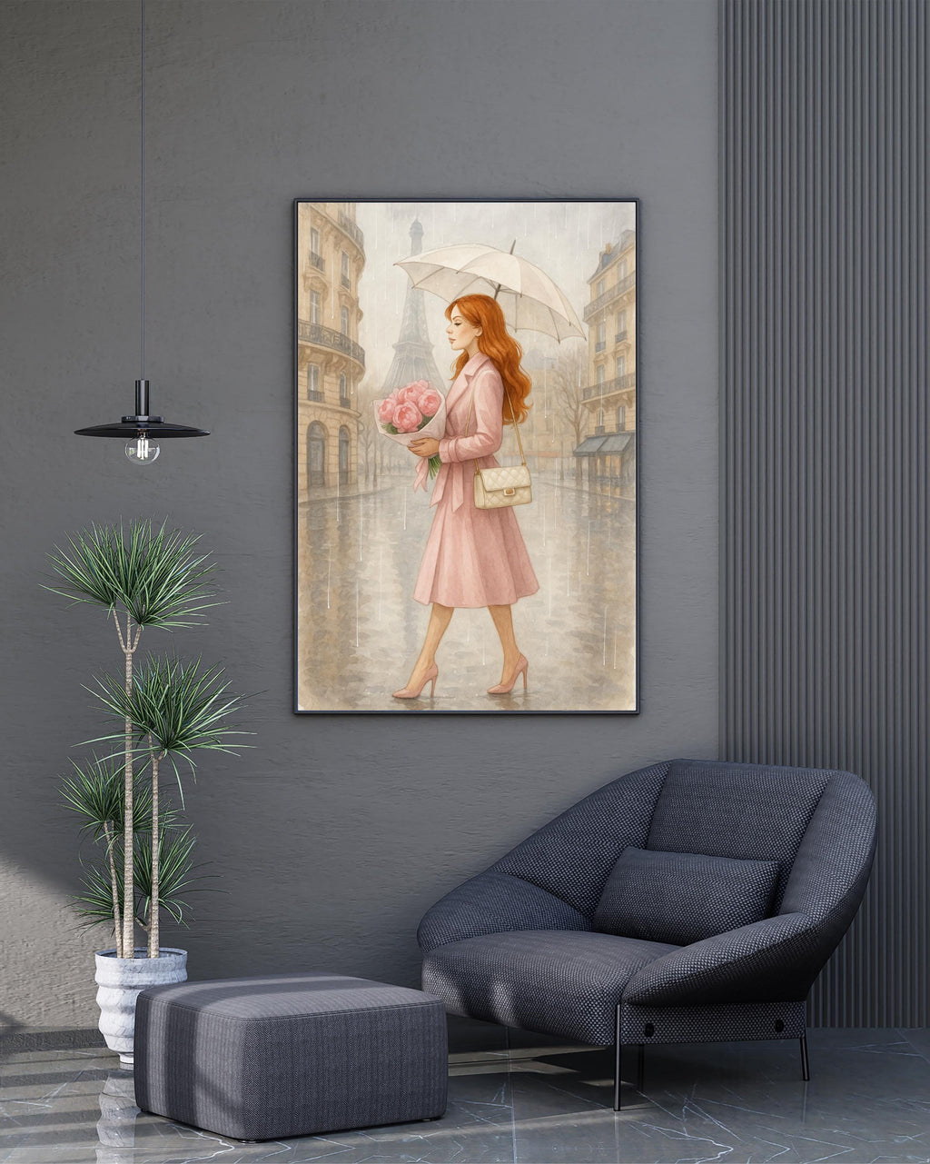 Rainy Day in Paris Wall Art | Redhead Woman with Umbrella | Feminine Paris Fashion Print | Romantic Digital Download